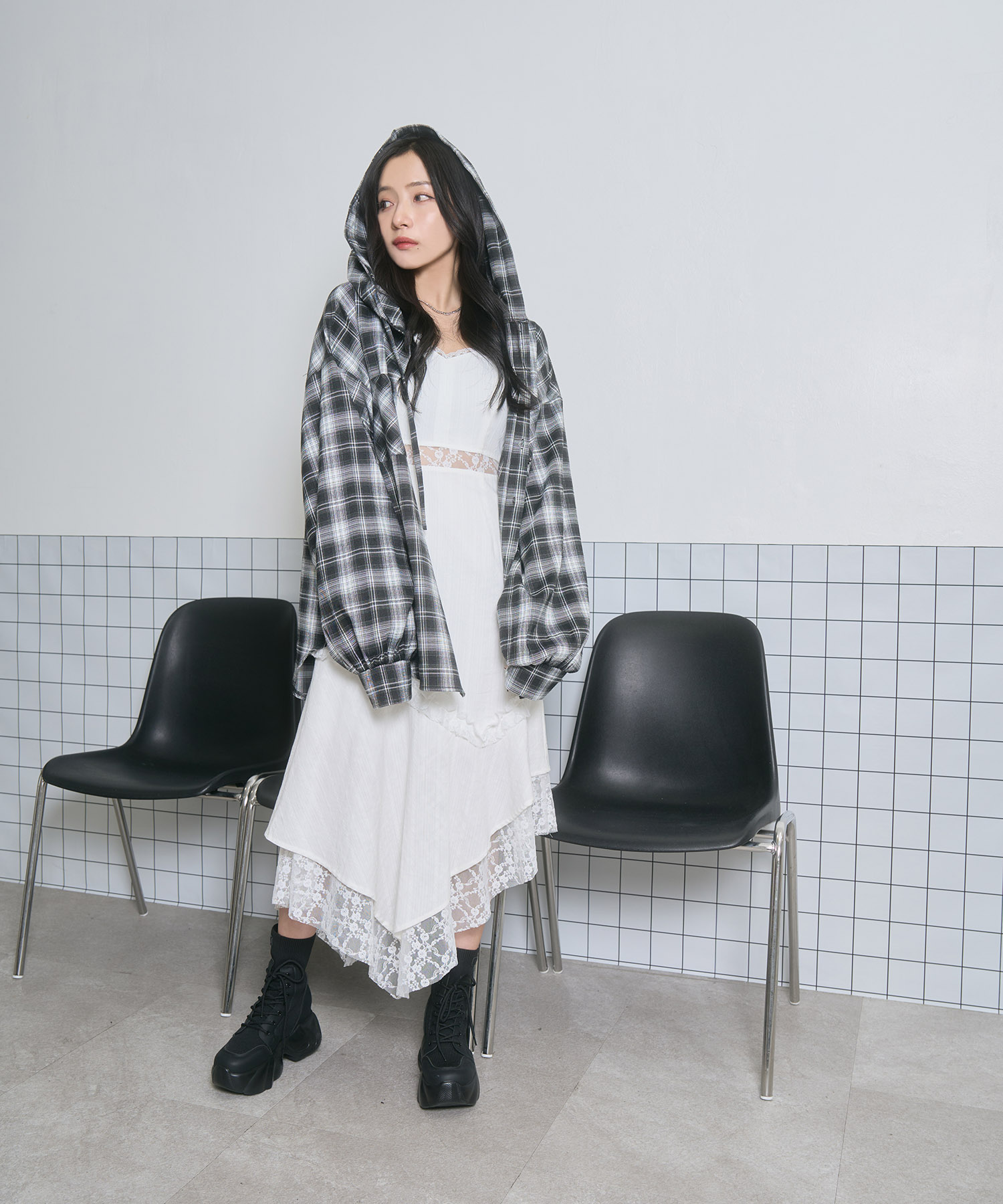 UNISEX チェックフーディシャツ