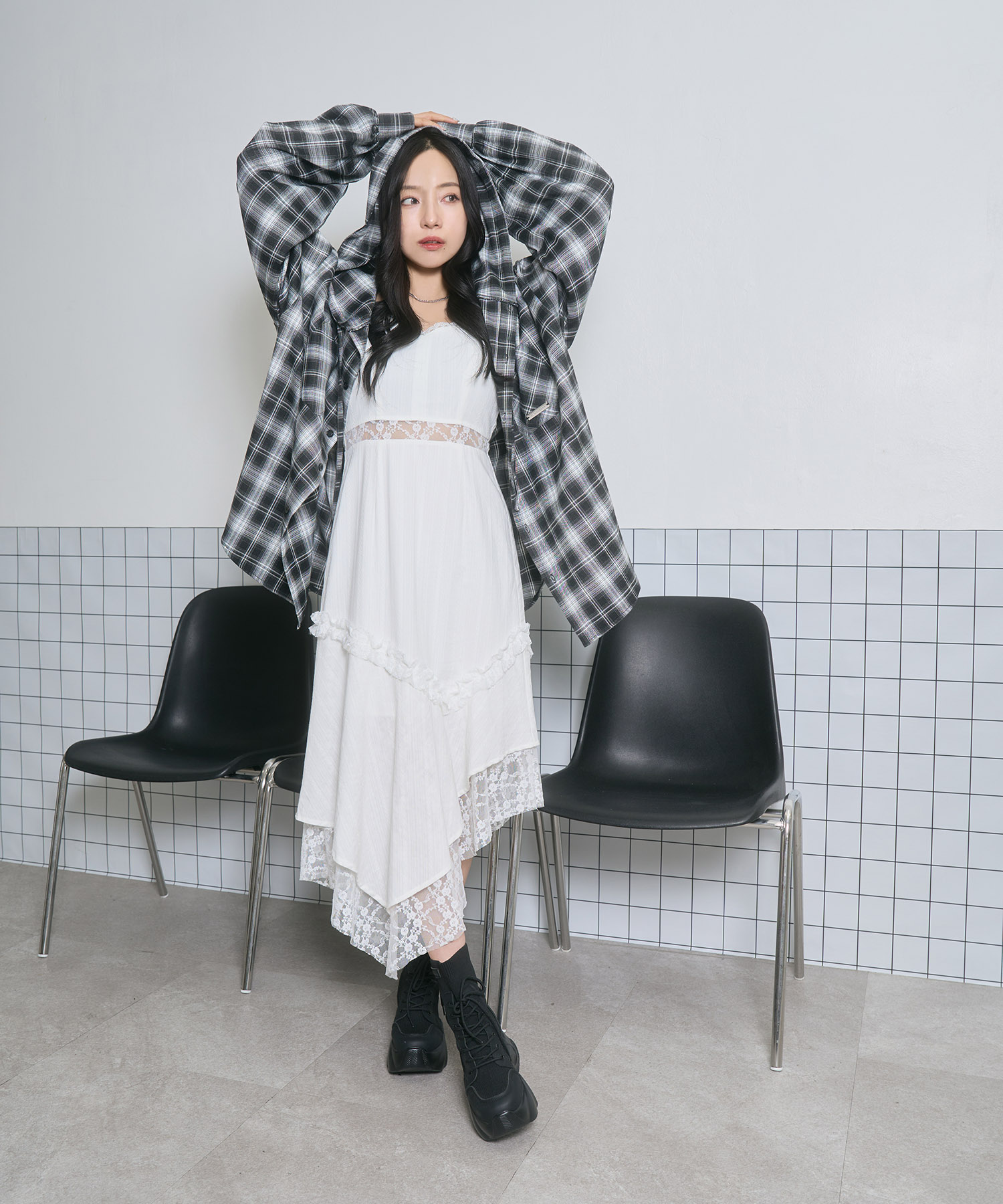 UNISEX チェックフーディシャツ