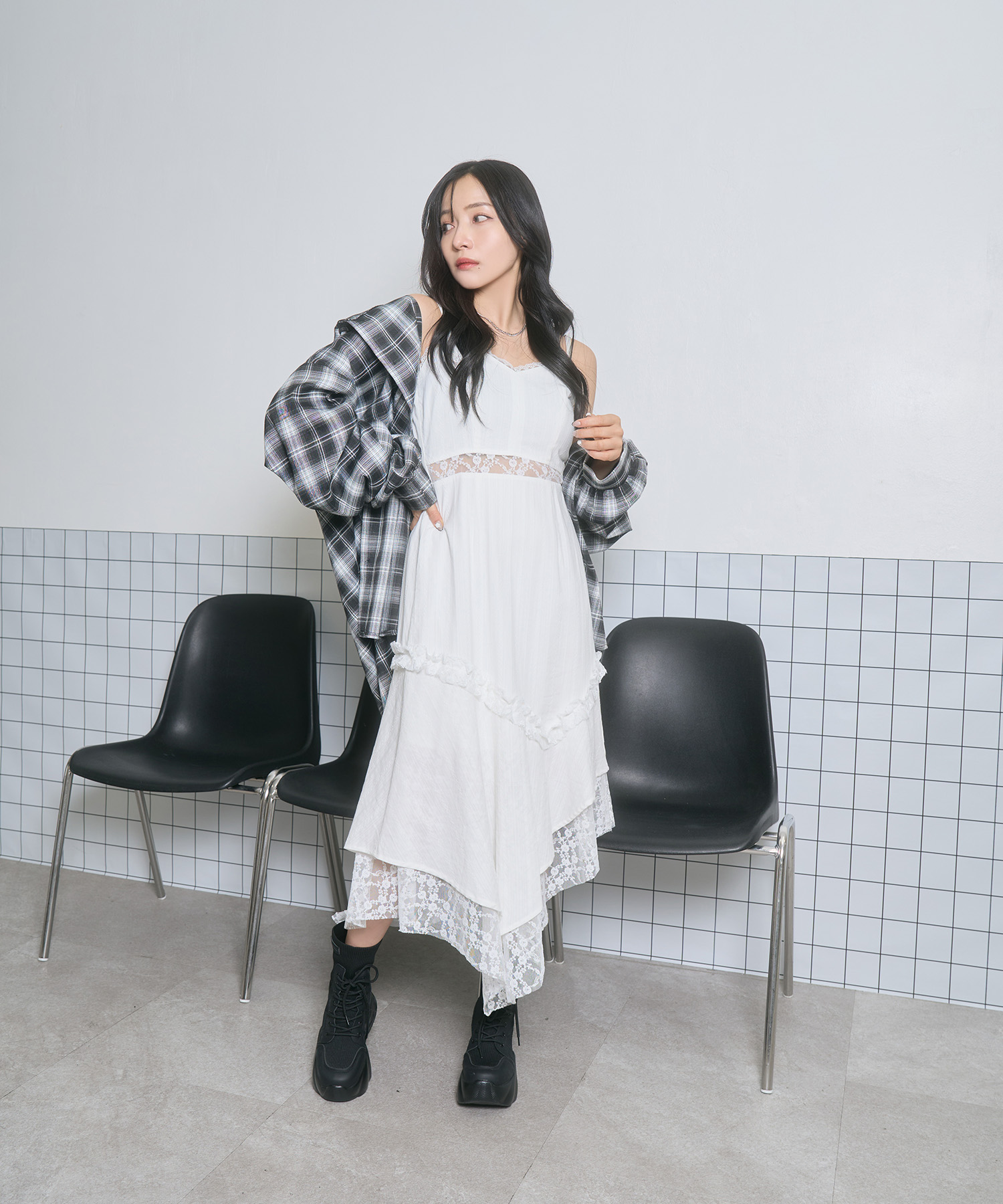 UNISEX チェックフーディシャツ