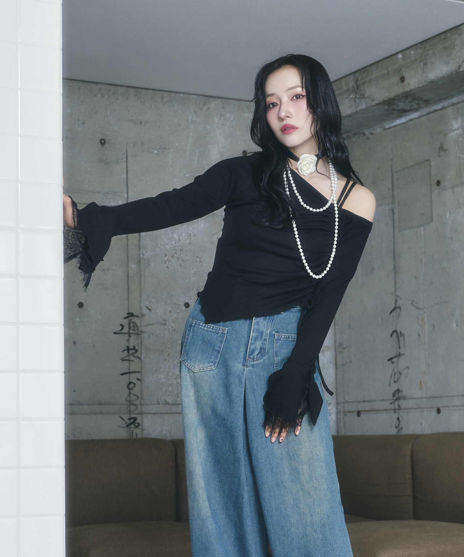 ギャザーリボンリブトップス