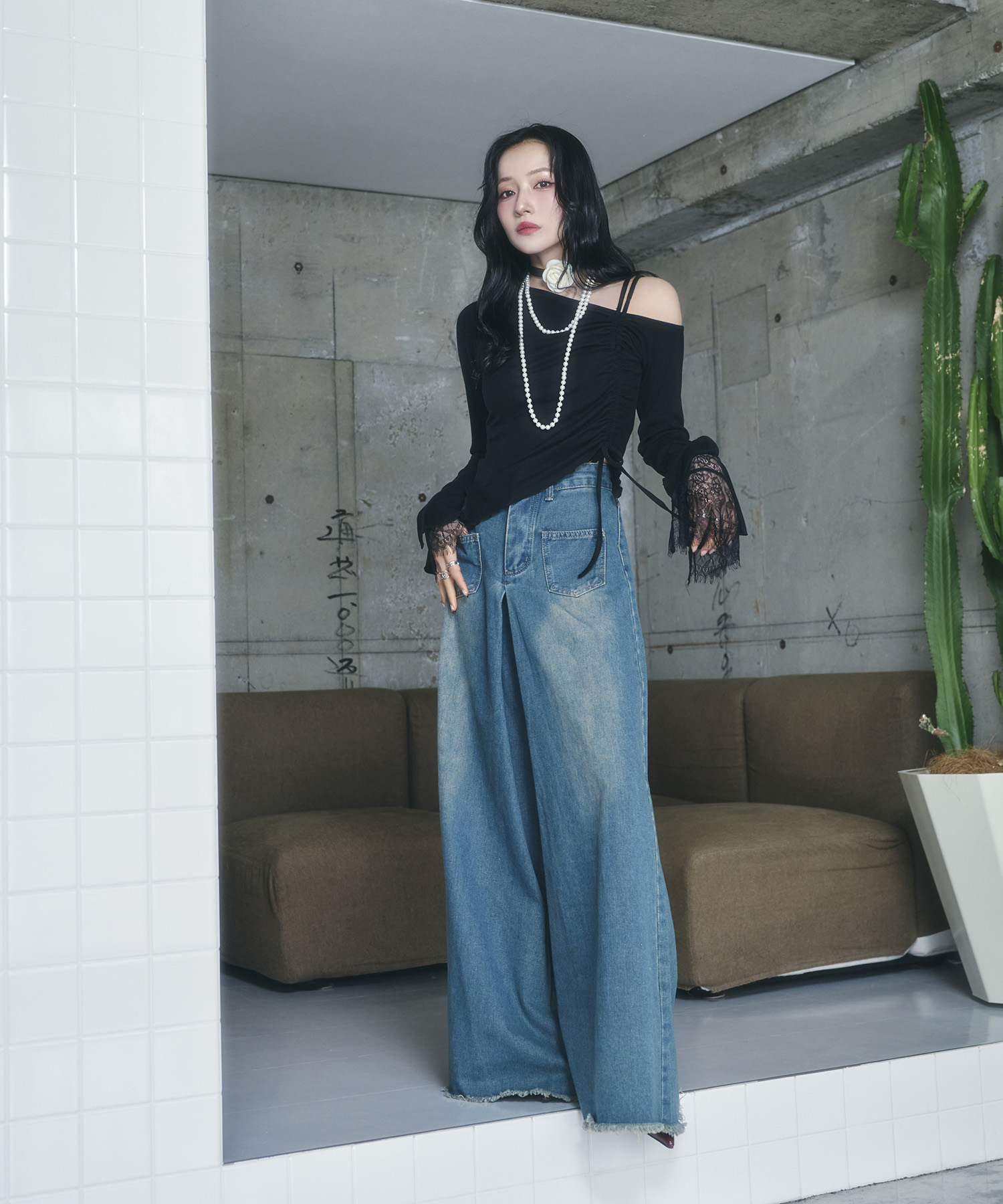 ギャザーリボンリブトップス