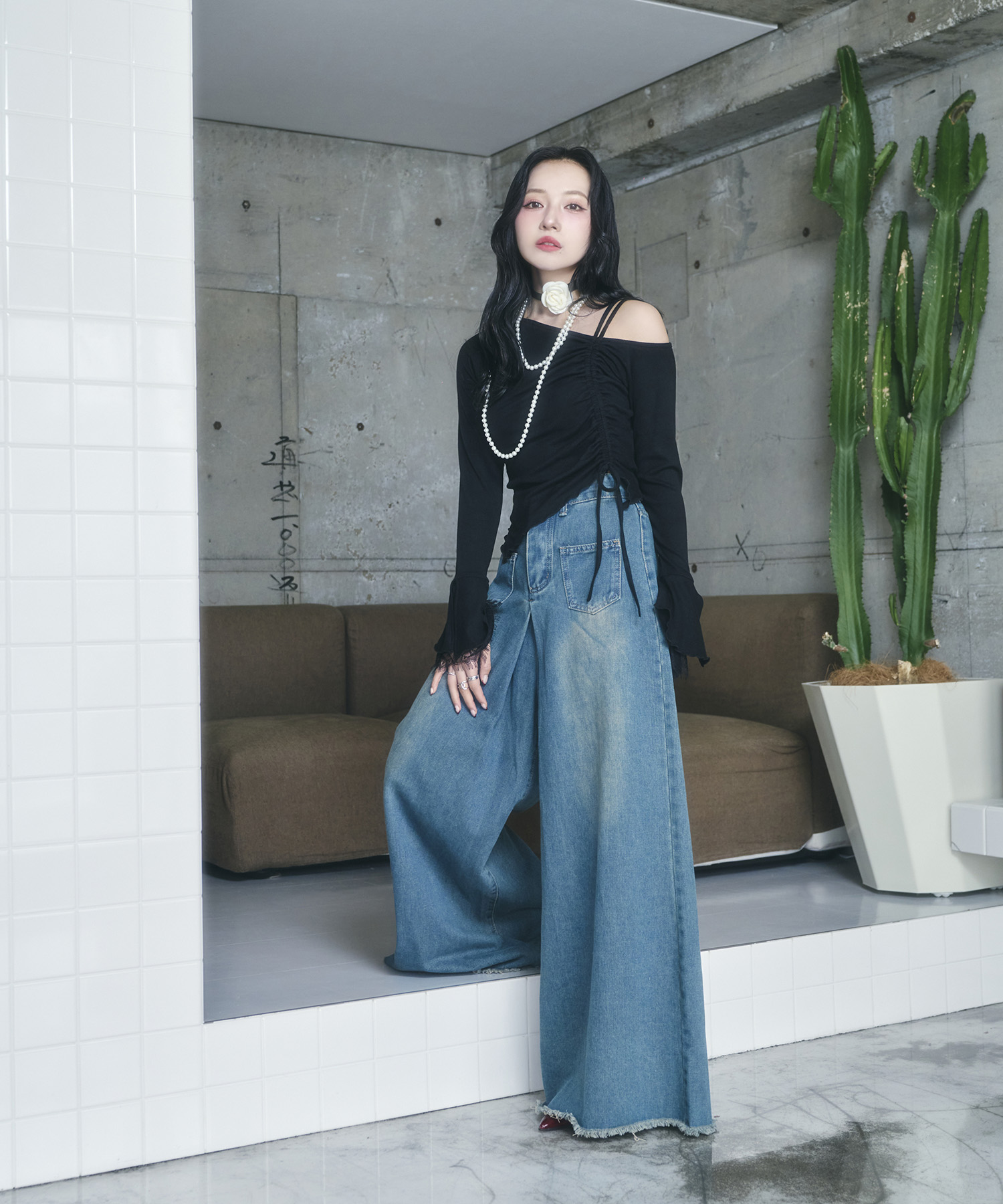 ギャザーリボンリブトップス