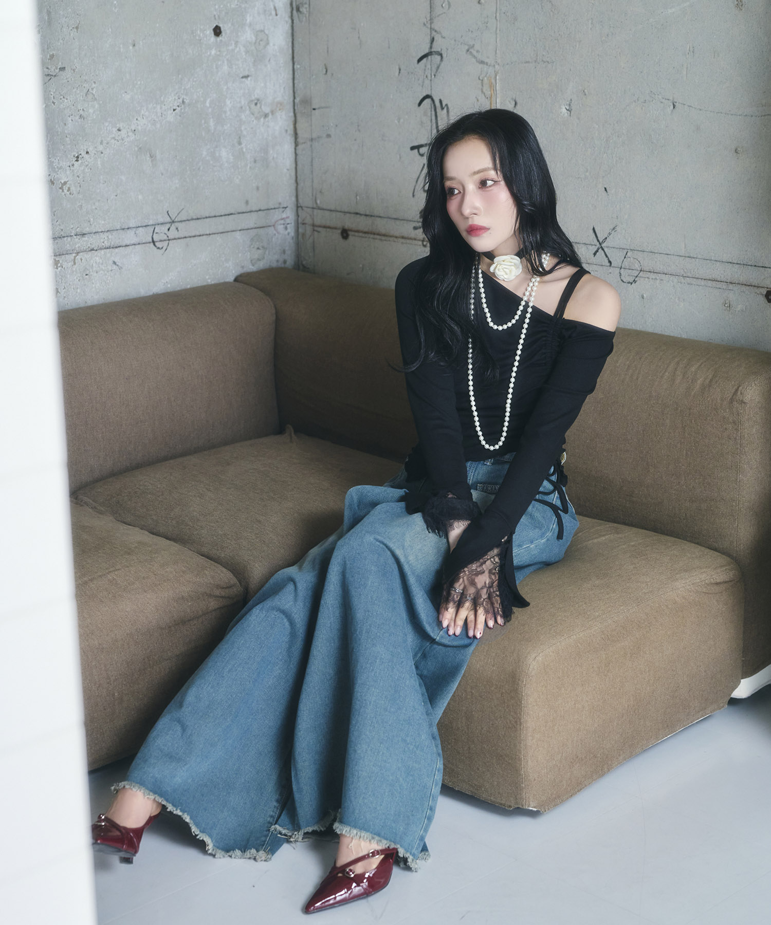 ギャザーリボンリブトップス