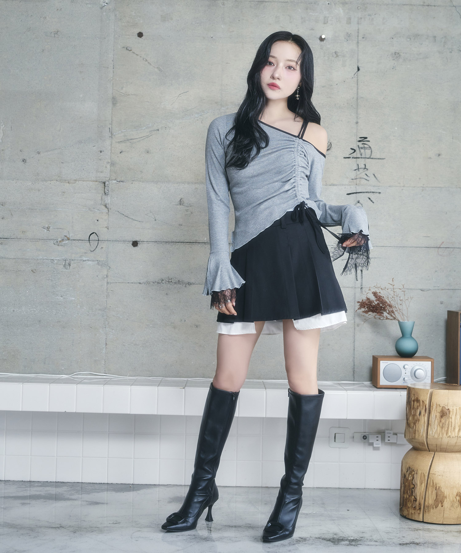 ギャザーリボンリブトップス