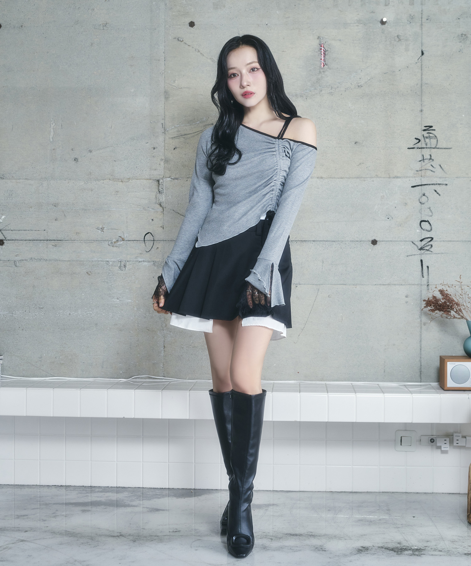 ギャザーリボンリブトップス