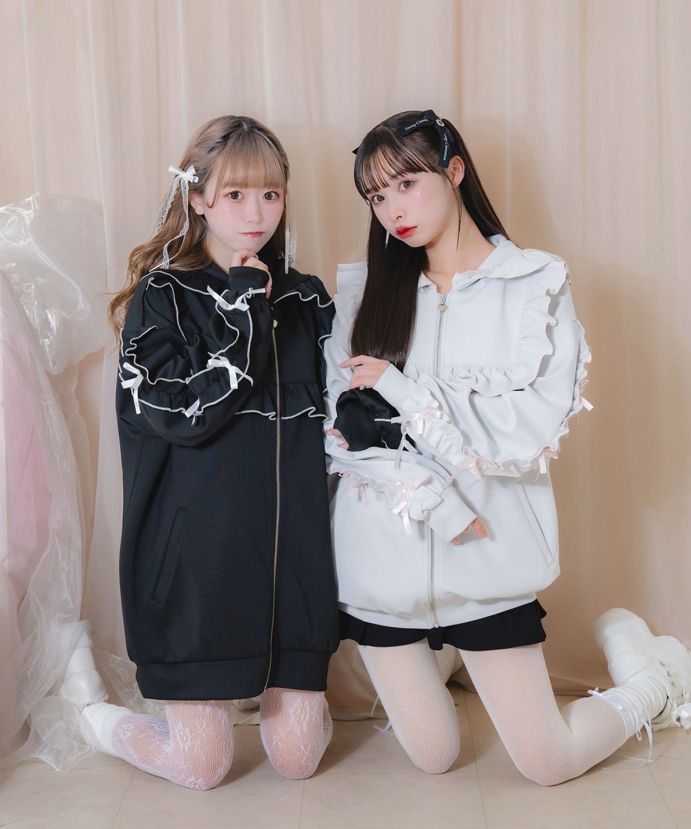 袖リボン配色フリルジャージ