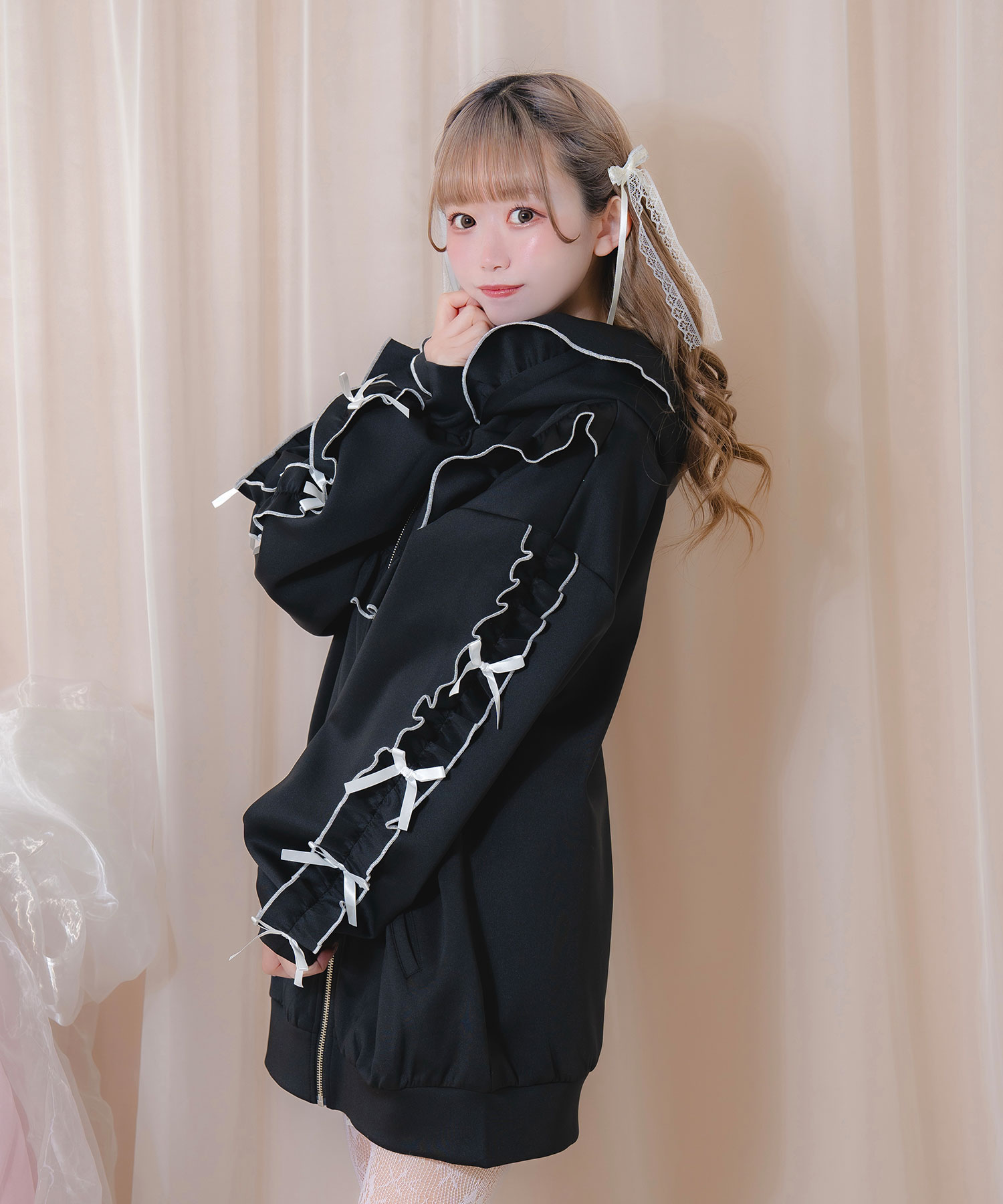 袖リボン配色フリルジャージ