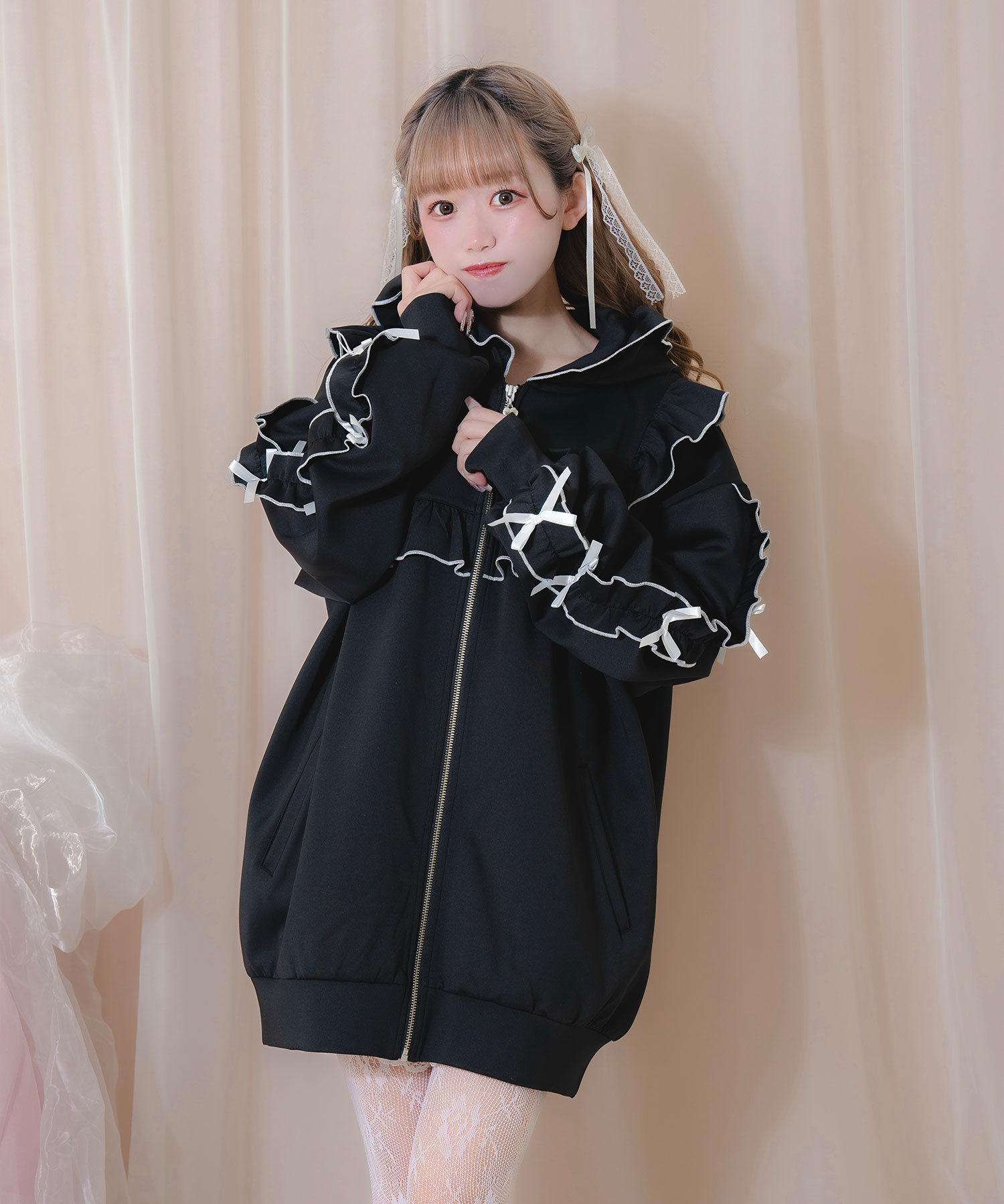 袖リボン配色フリルジャージ