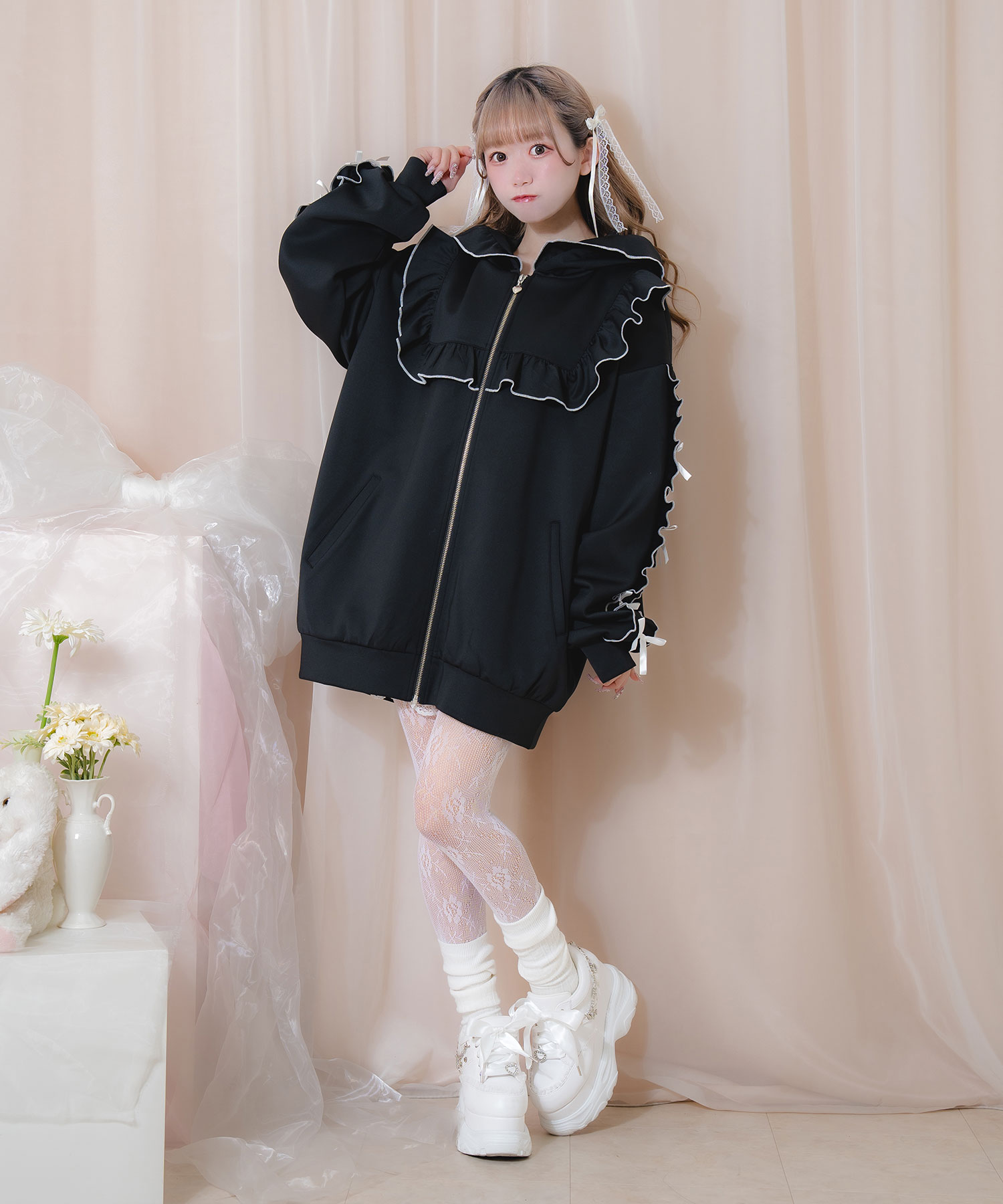 袖リボン配色フリルジャージ