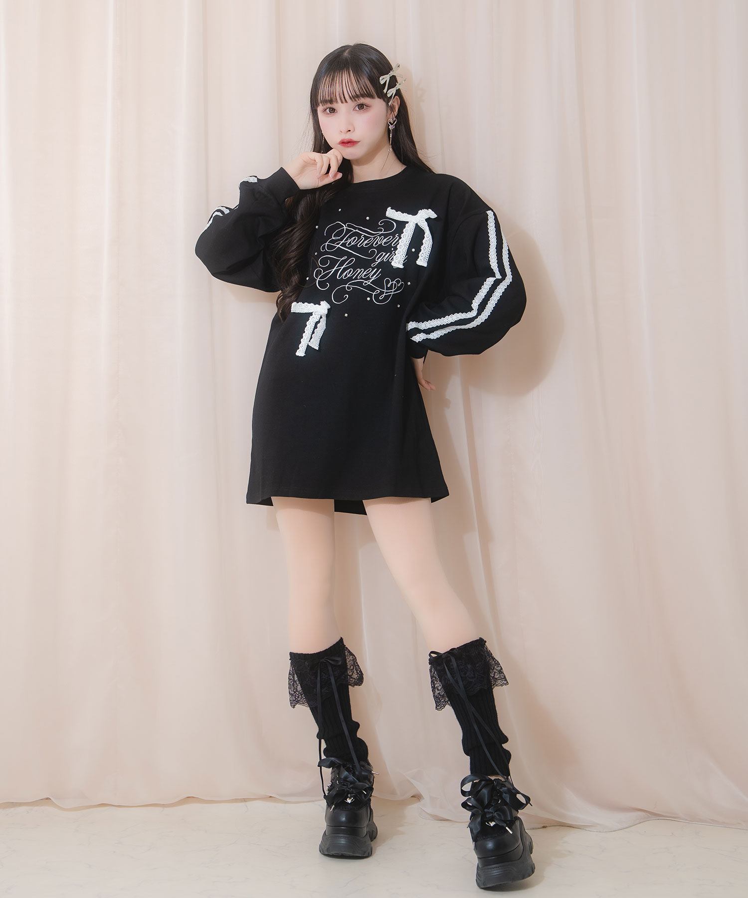 レースラインロゴ刺繍リボンロンT