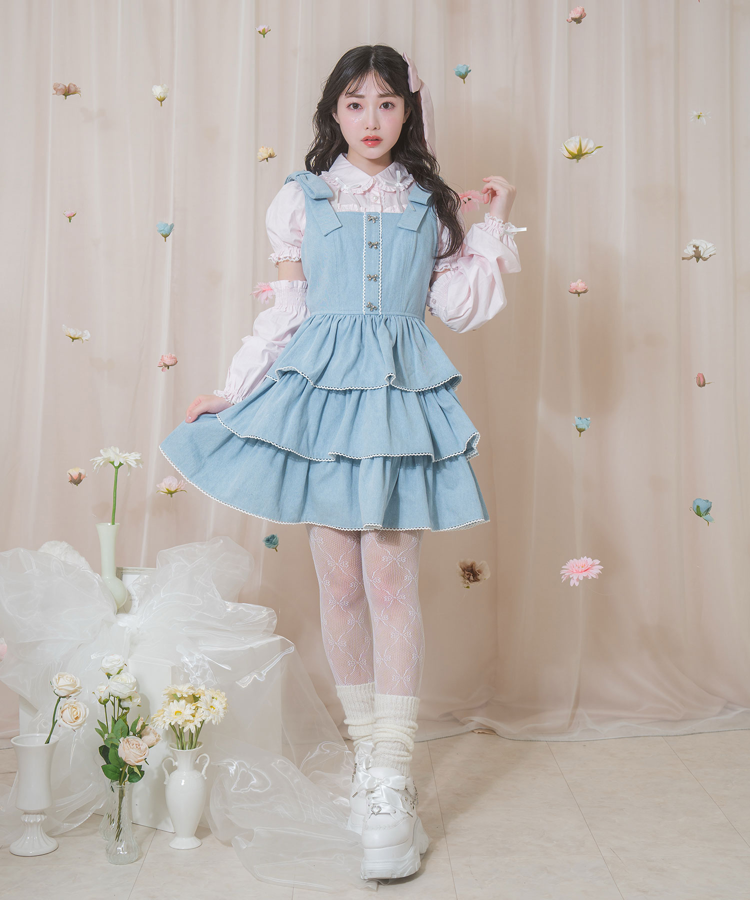 肩リボン3段ジャンパースカート