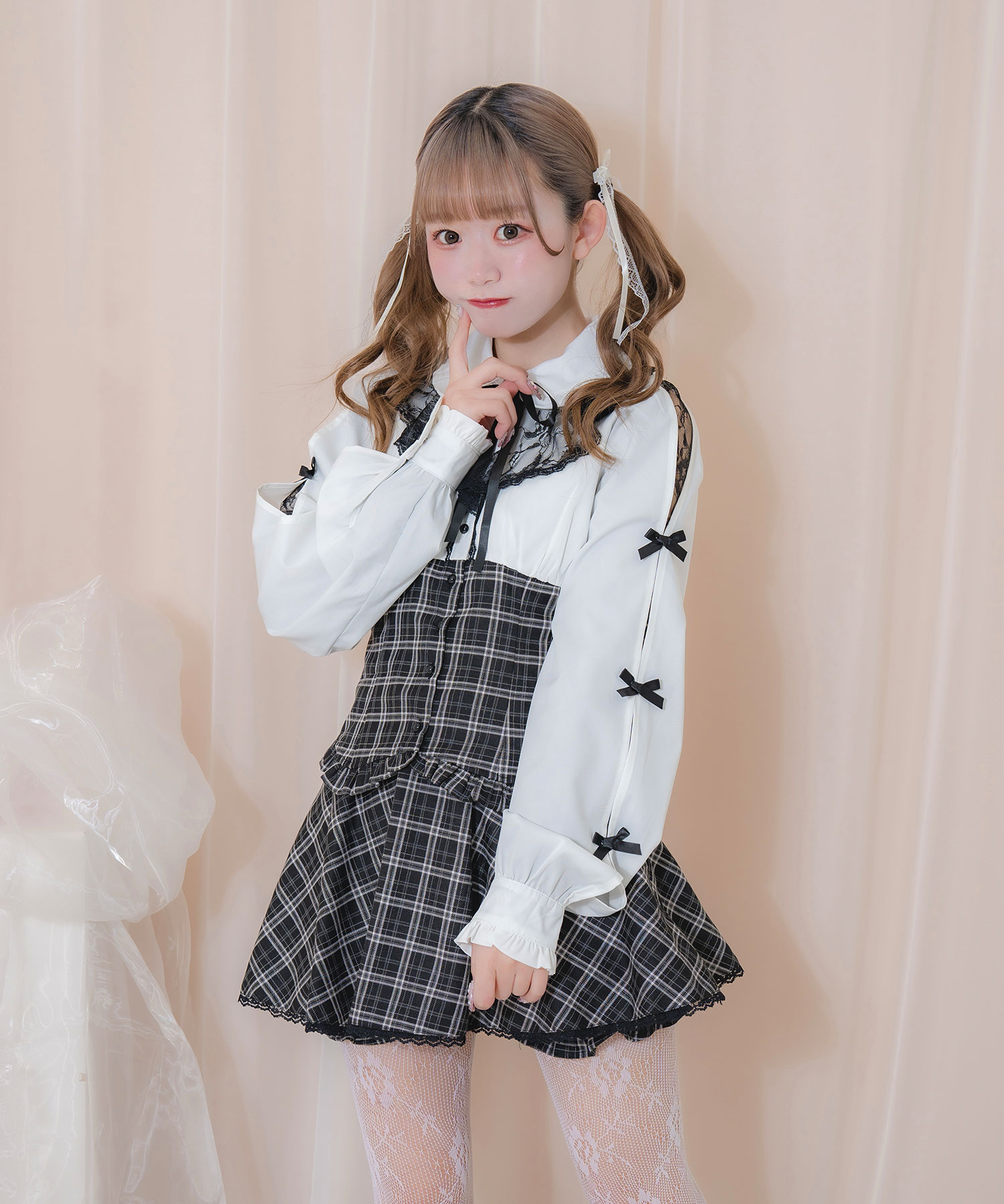 ラッフルレース配色チェックセットアップ