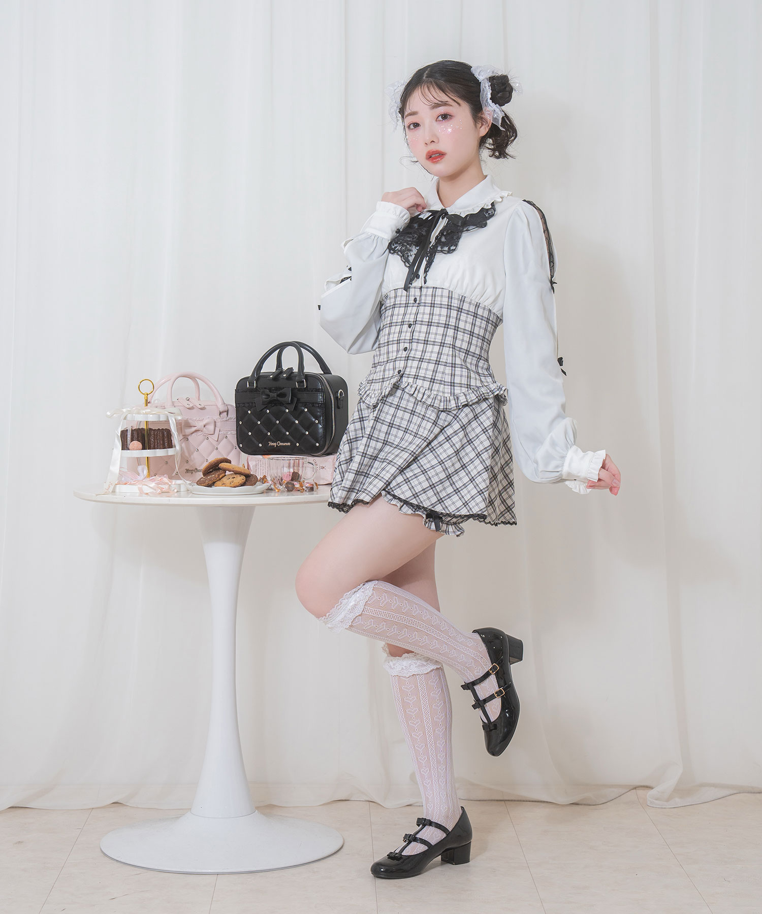 ラッフルレース配色チェックセットアップ