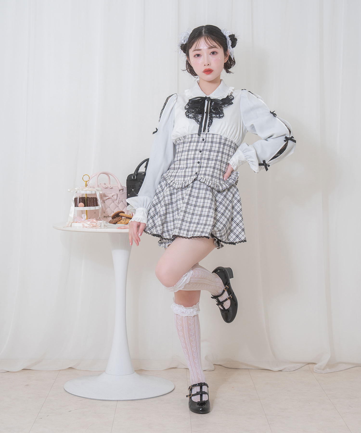 ラッフルレース配色チェックセットアップ