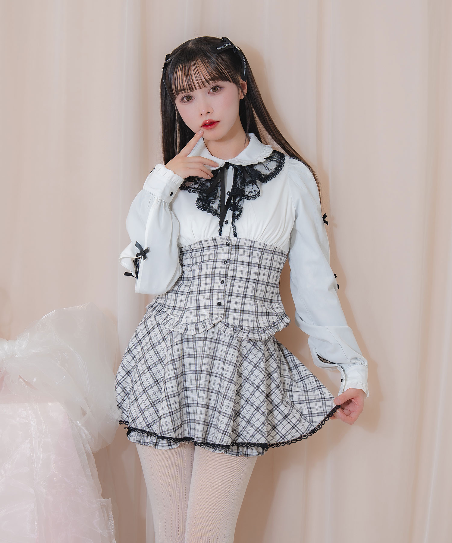 ラッフルレース配色チェックセットアップ