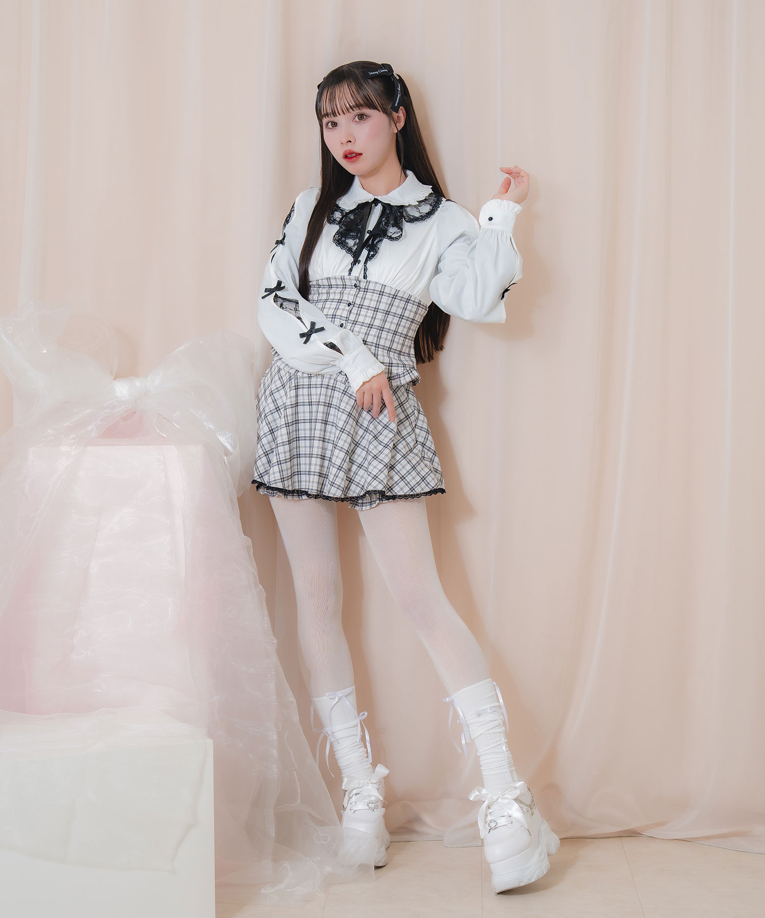 ラッフルレース配色チェックセットアップ