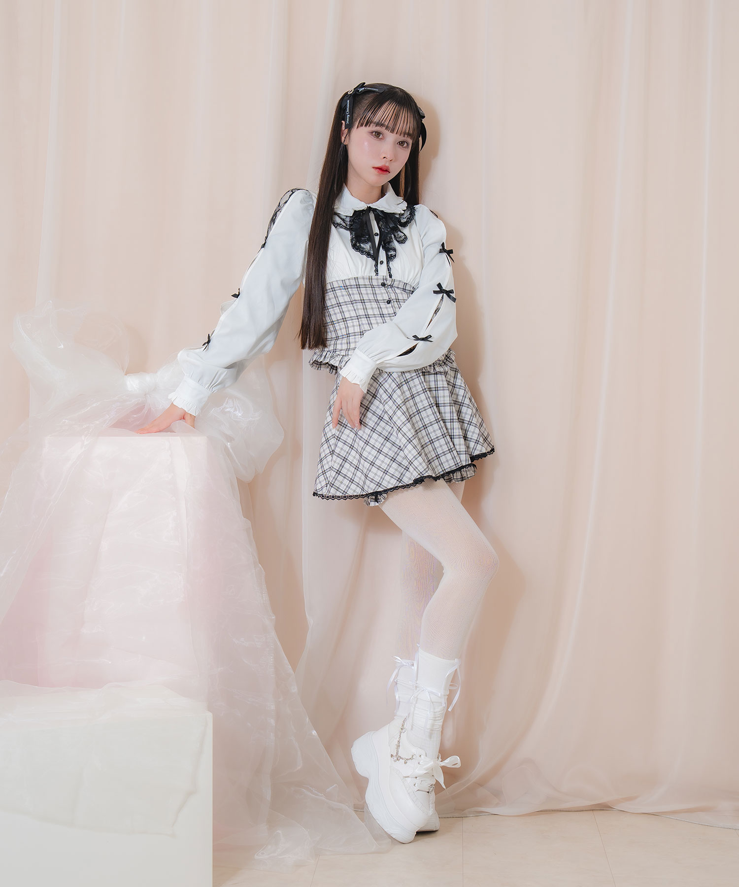 ラッフルレース配色チェックセットアップ