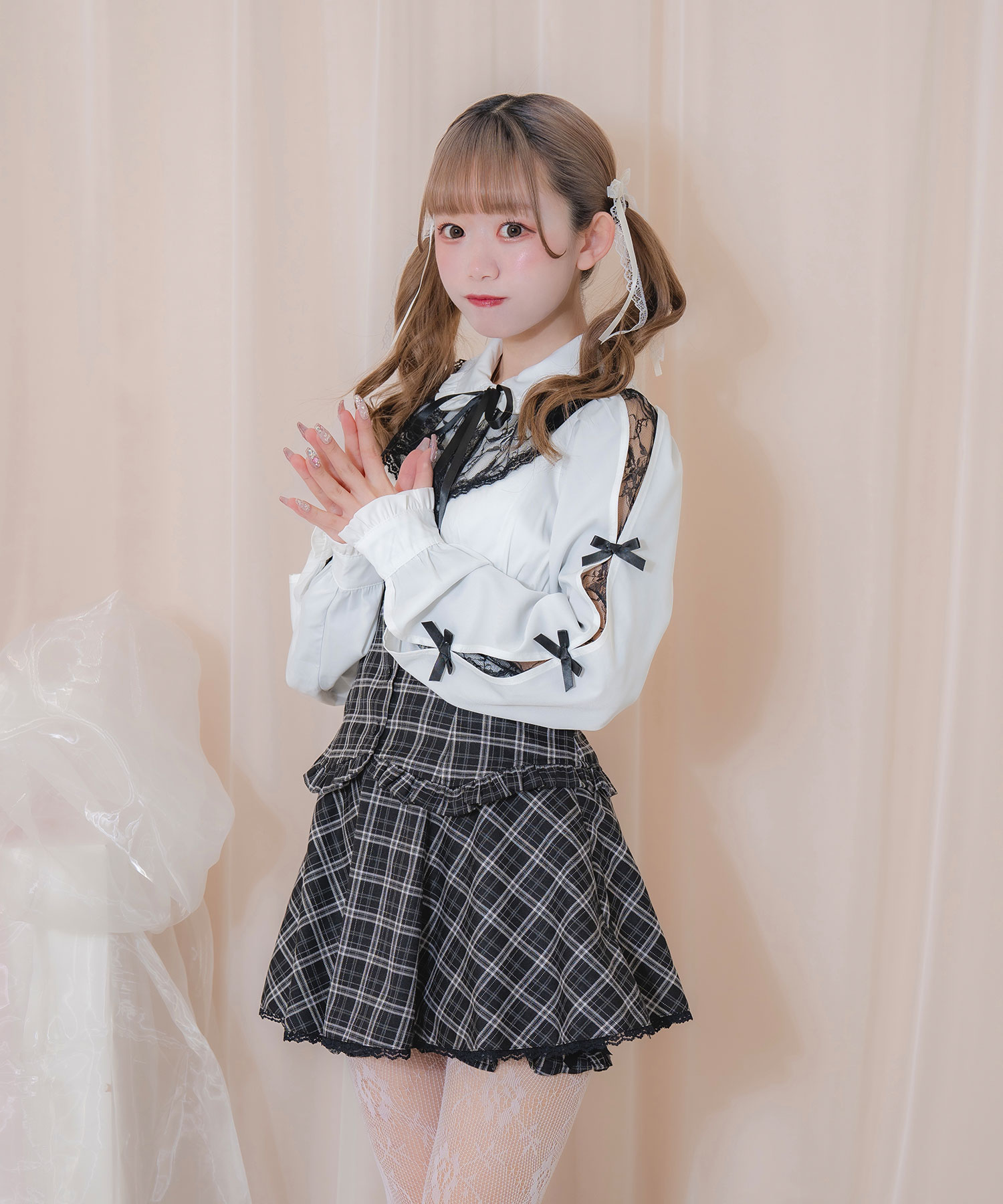 ラッフルレース配色チェックセットアップ