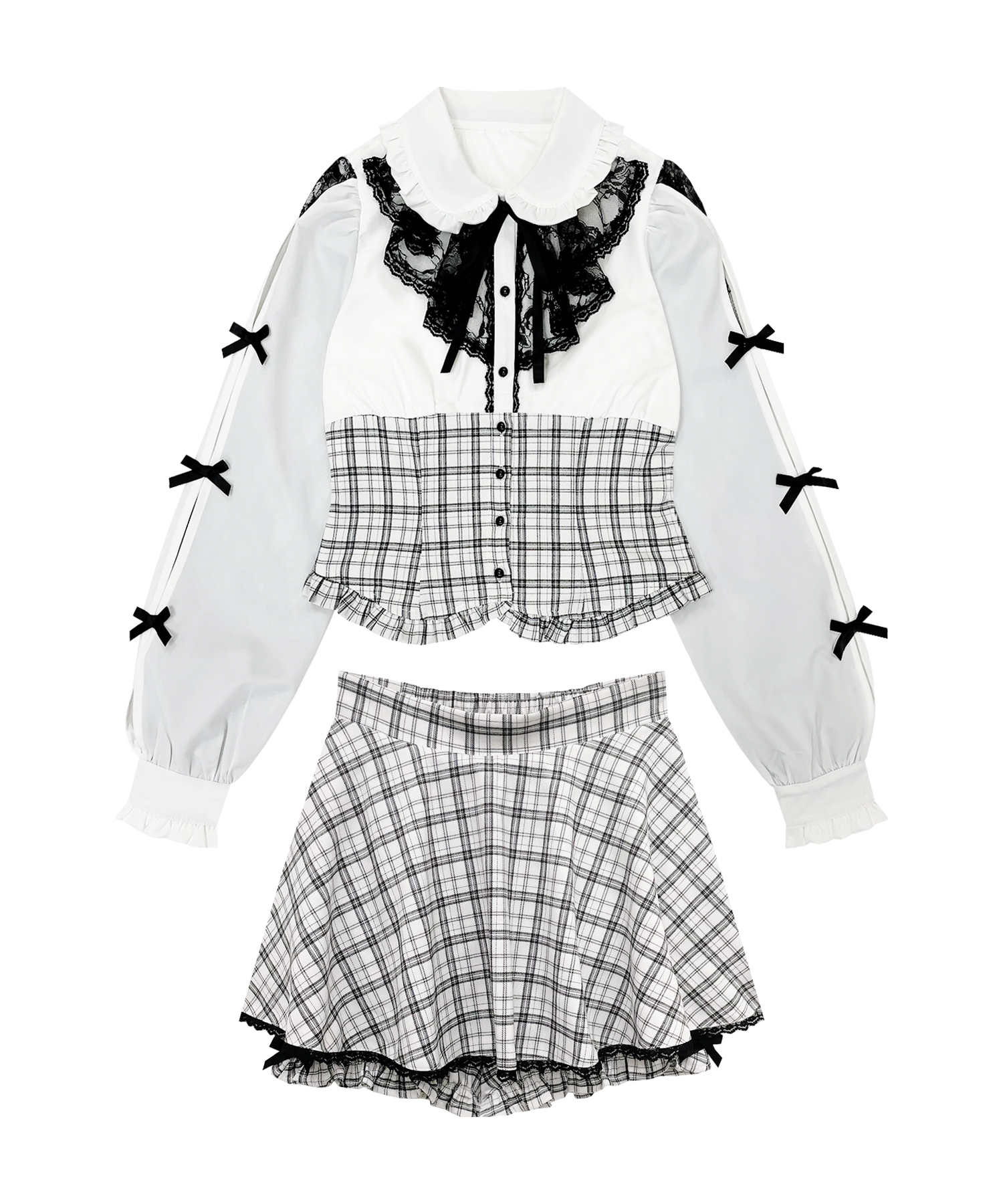 ラッフルレース配色チェックセットアップ