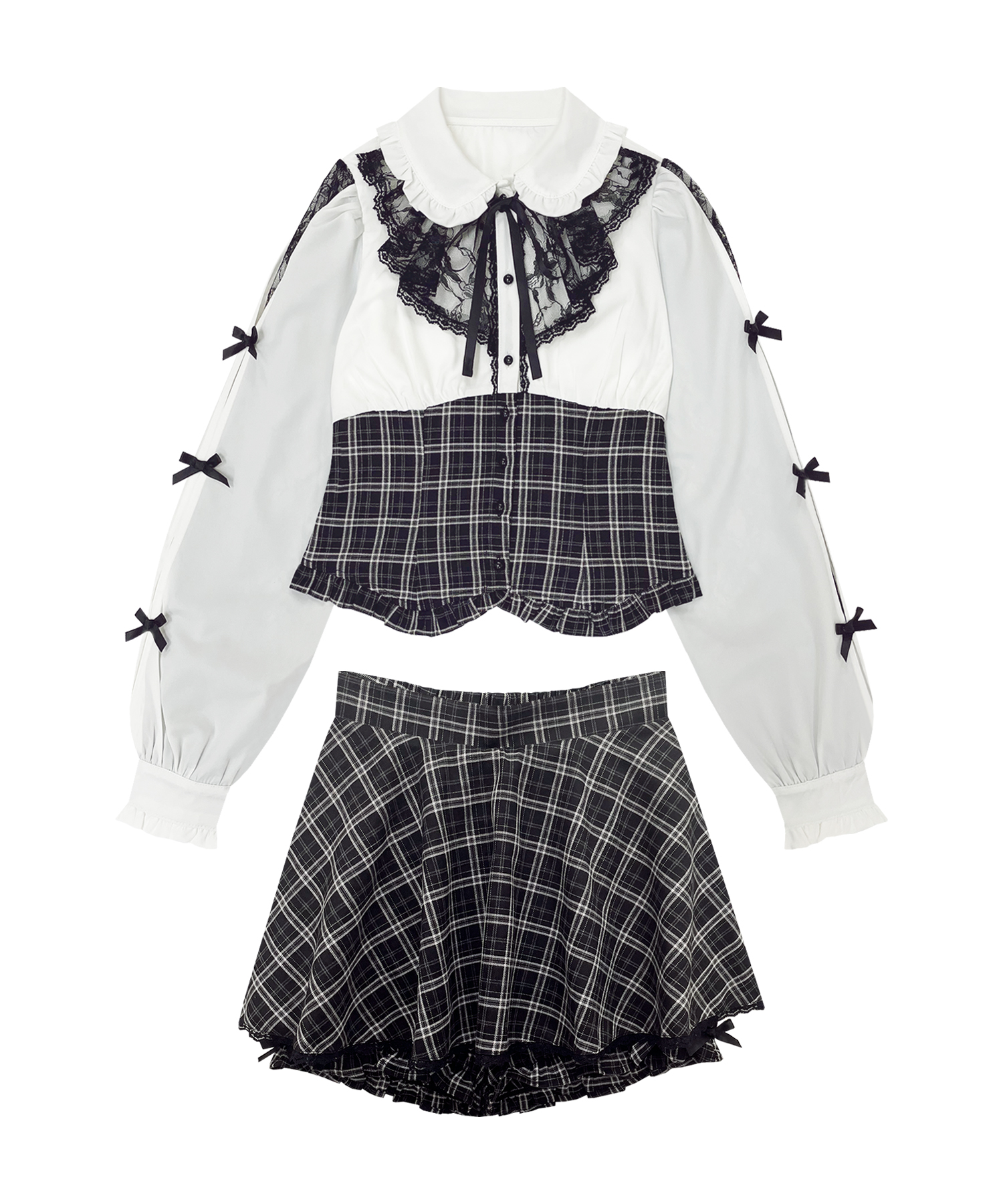 ラッフルレース配色チェックセットアップ