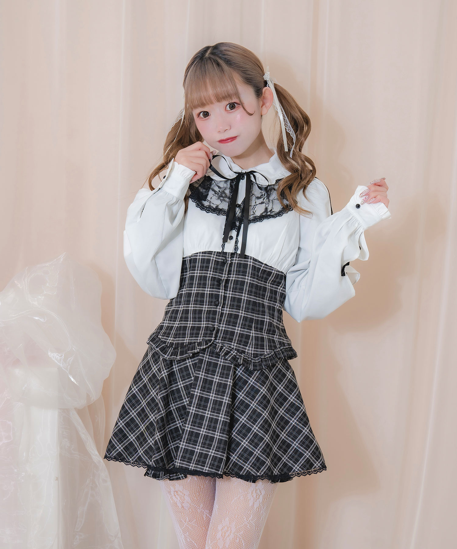 ラッフルレース配色チェックセットアップ