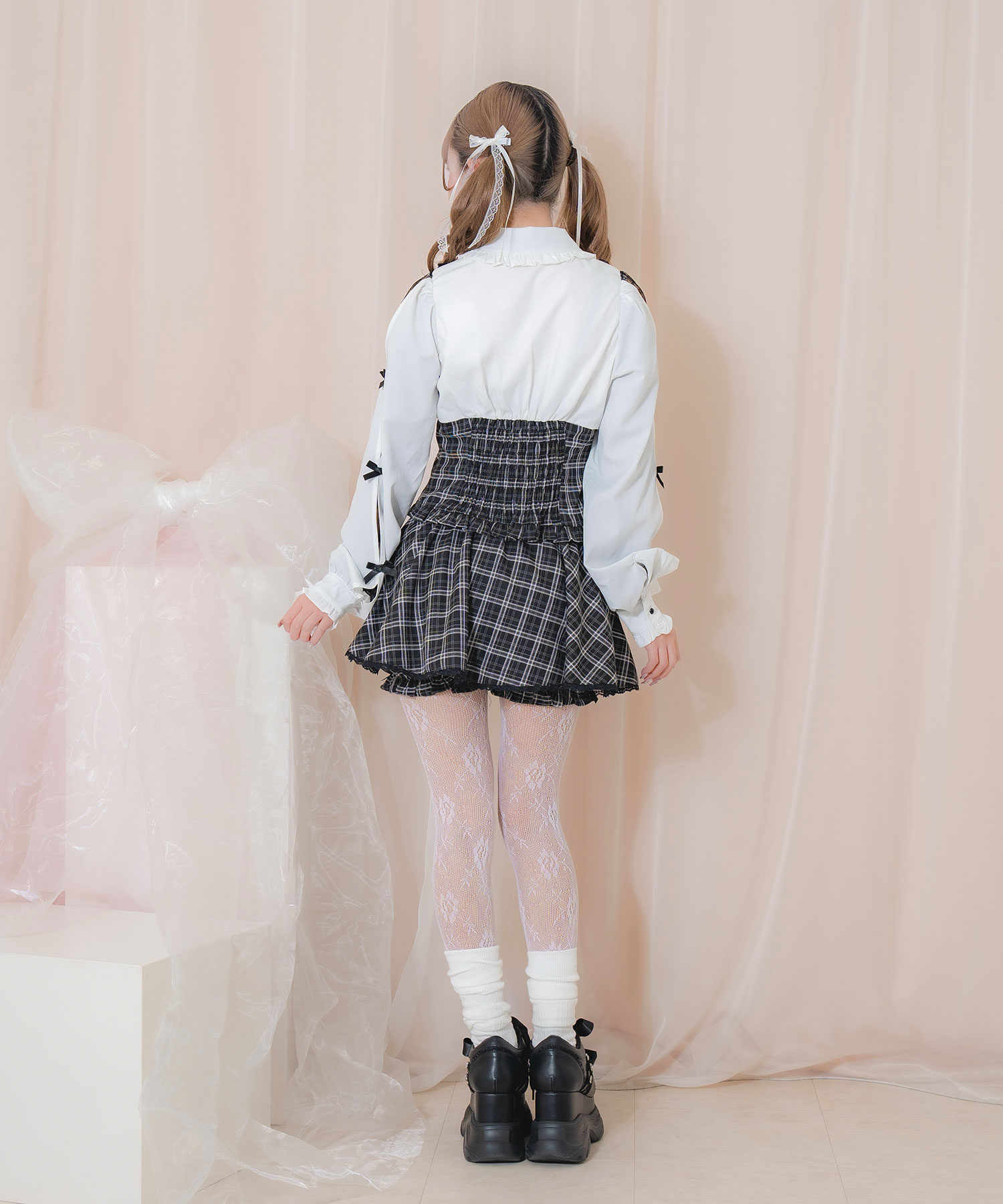 ラッフルレース配色チェックセットアップ