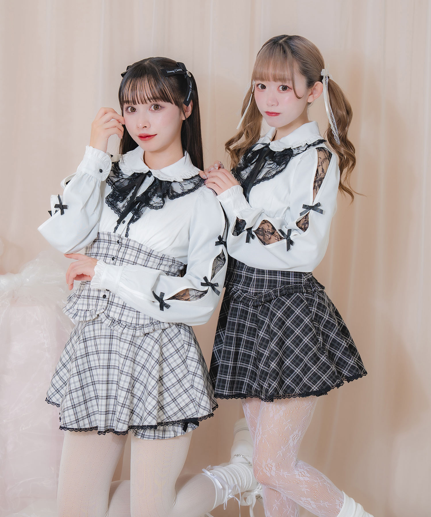 ラッフルレース配色チェックセットアップ