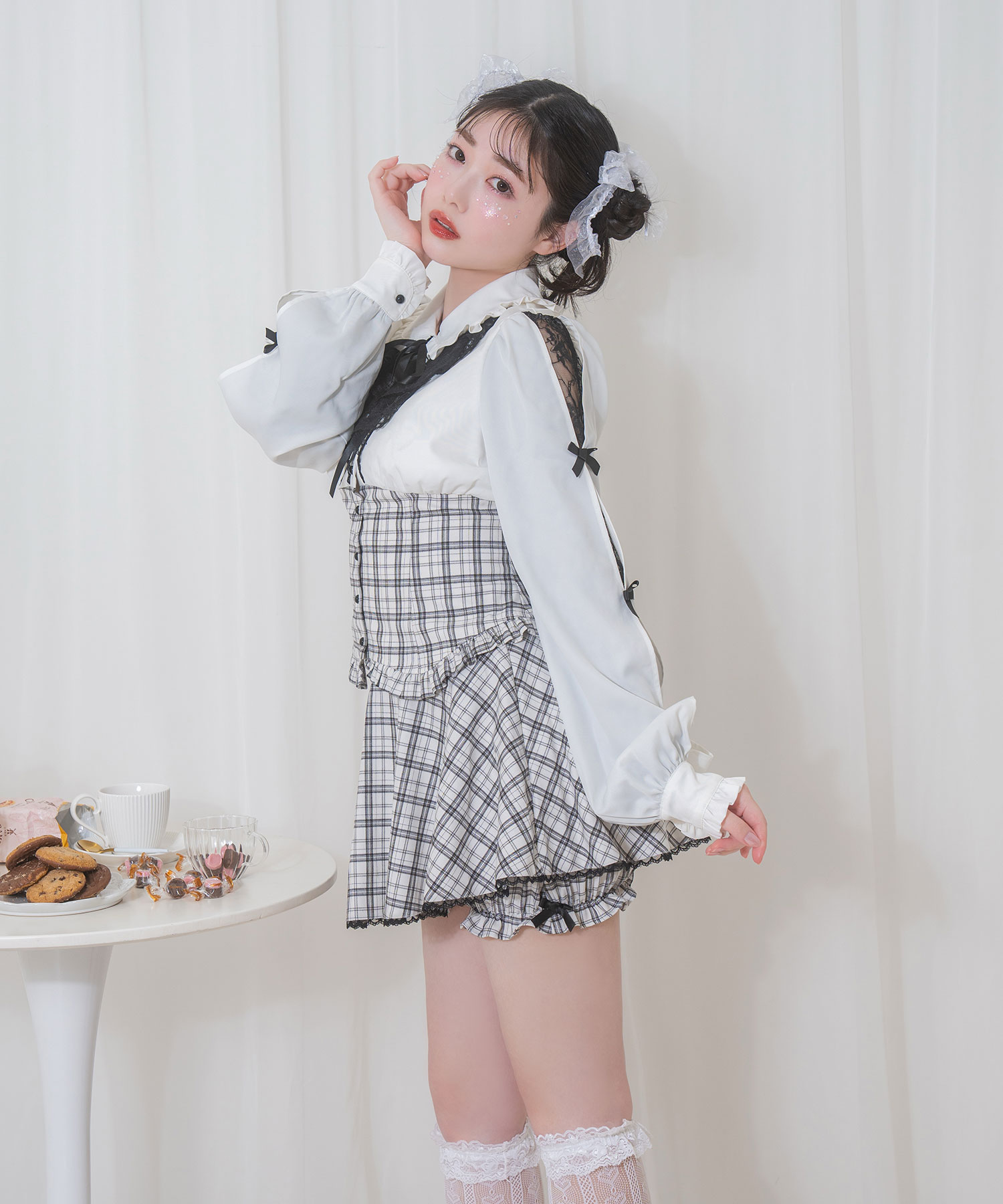 ラッフルレース配色チェックセットアップ