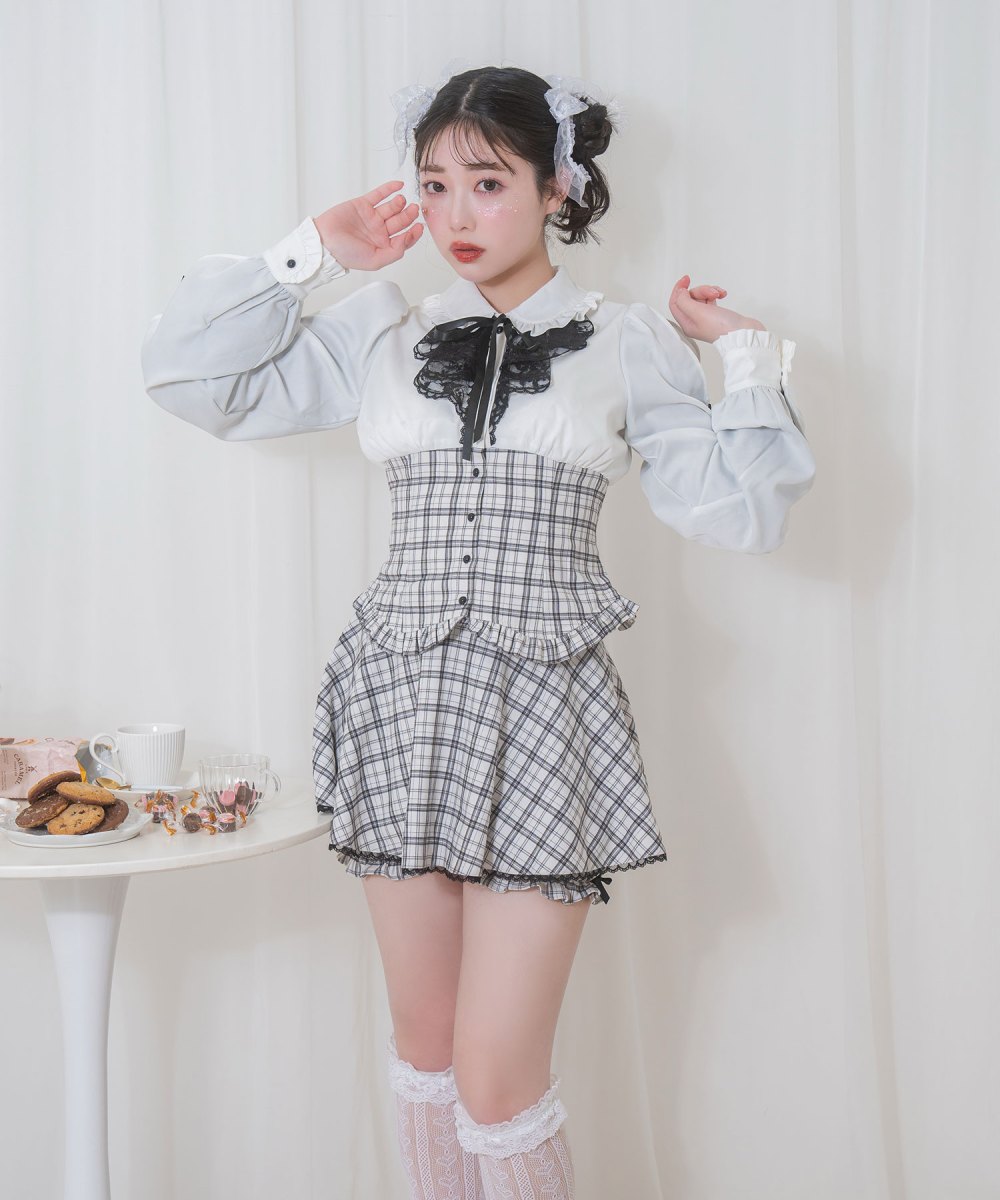 ラッフルレース配色チェックセットアップ