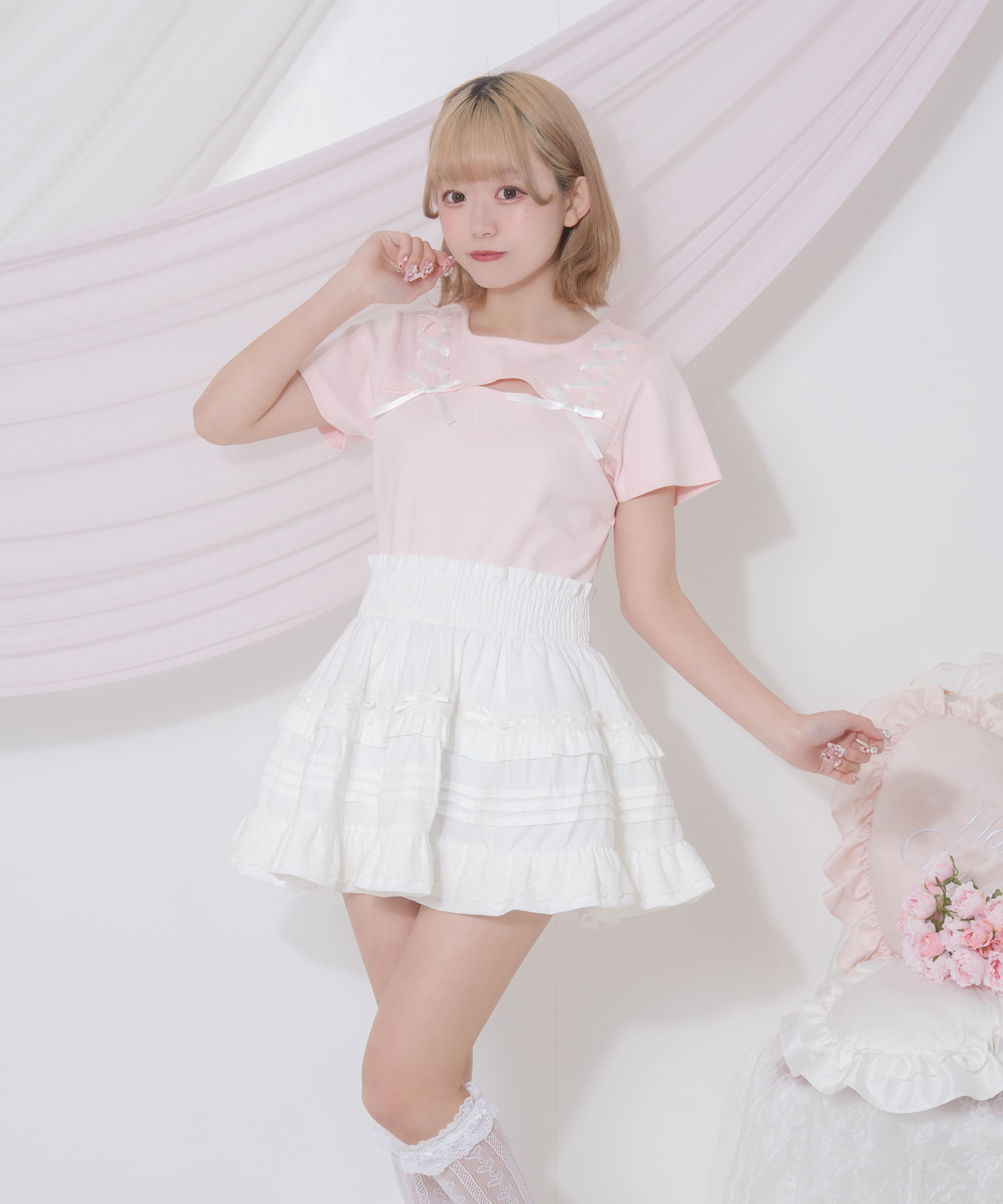 デコルテ空きレースアップミニT