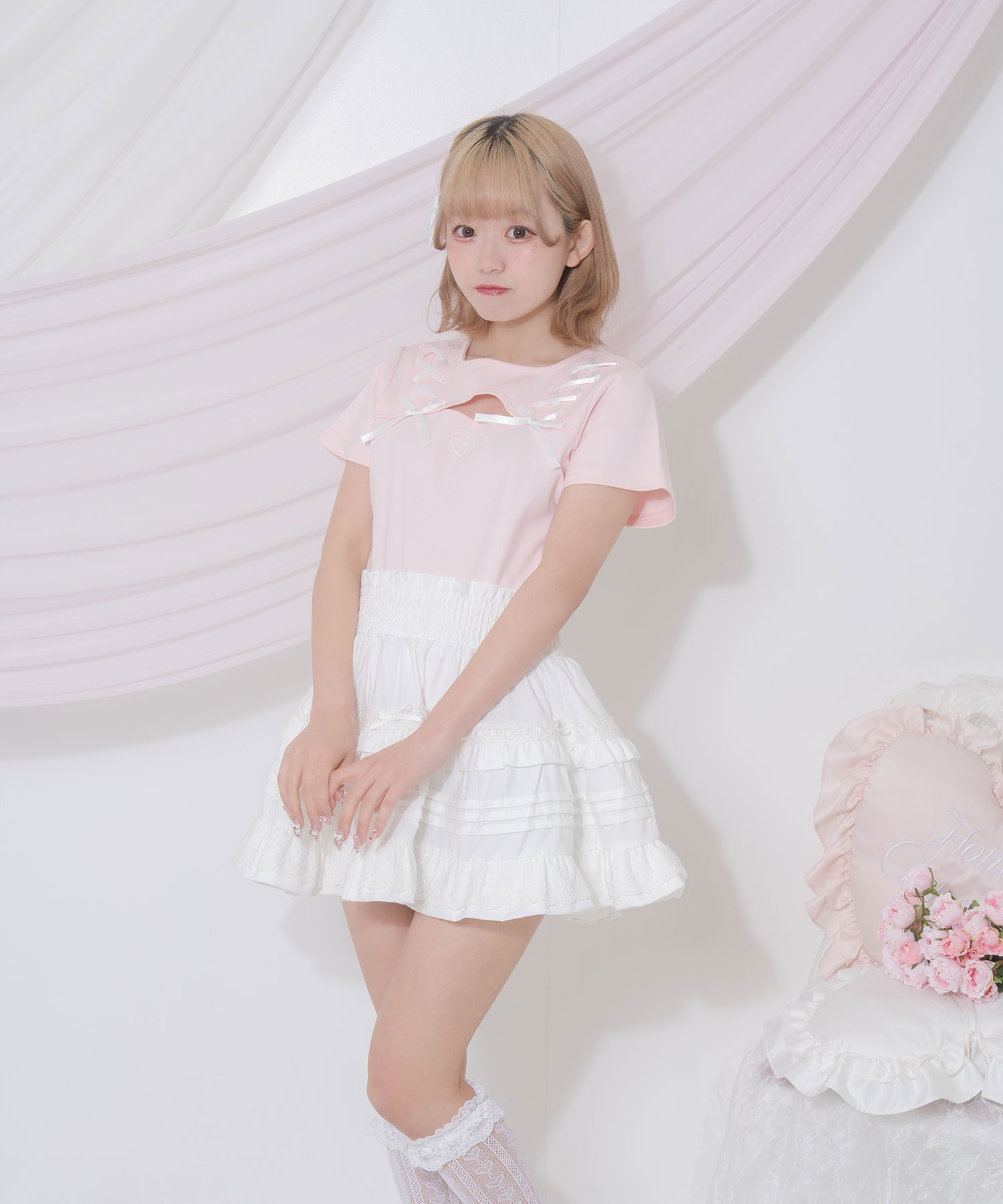 デコルテ空きレースアップミニT