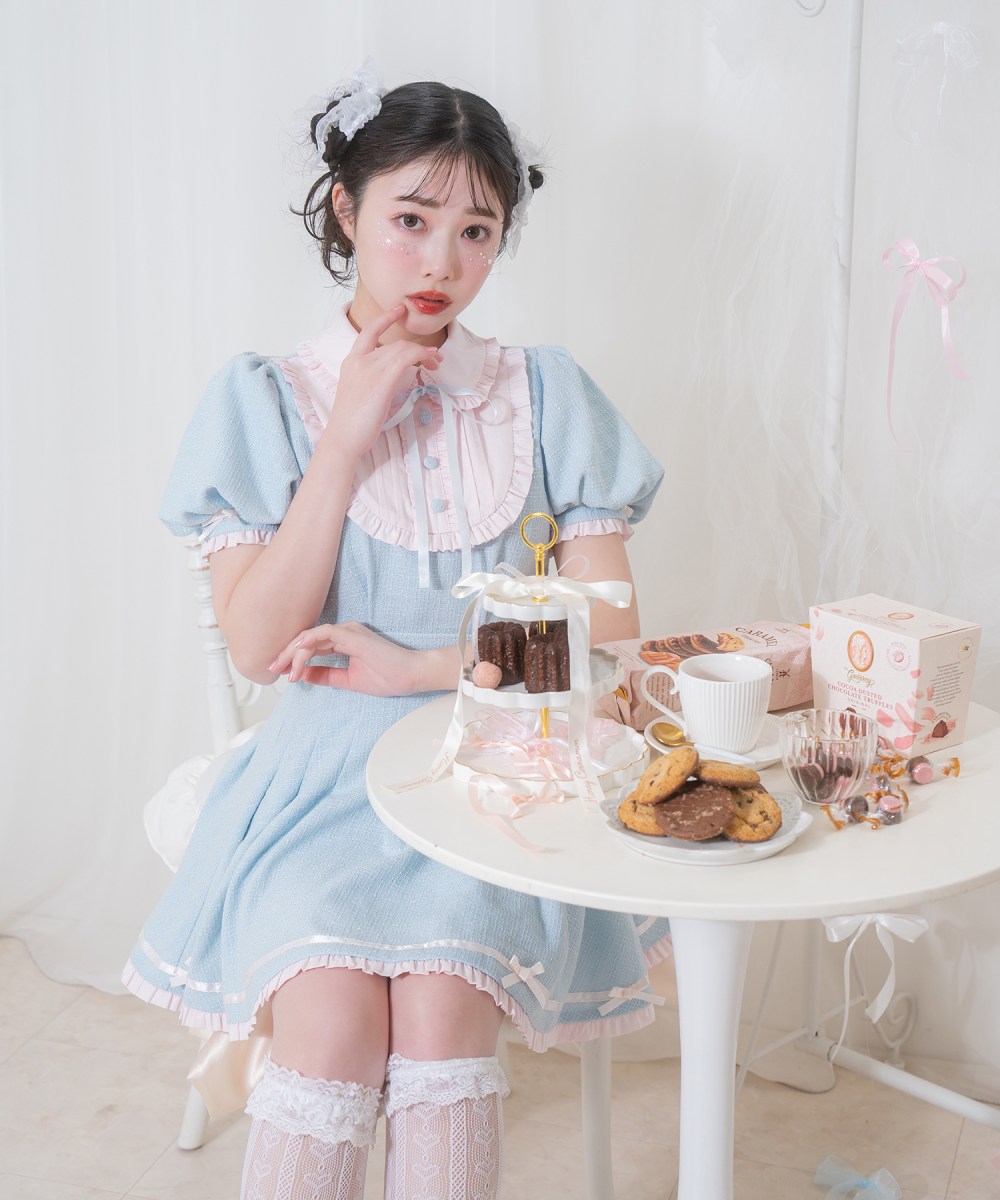 配色ツイードポイントリボンワンピース