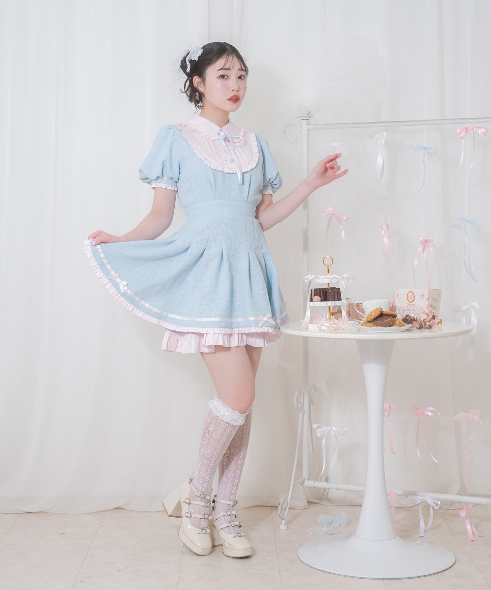 配色ツイードポイントリボンワンピース