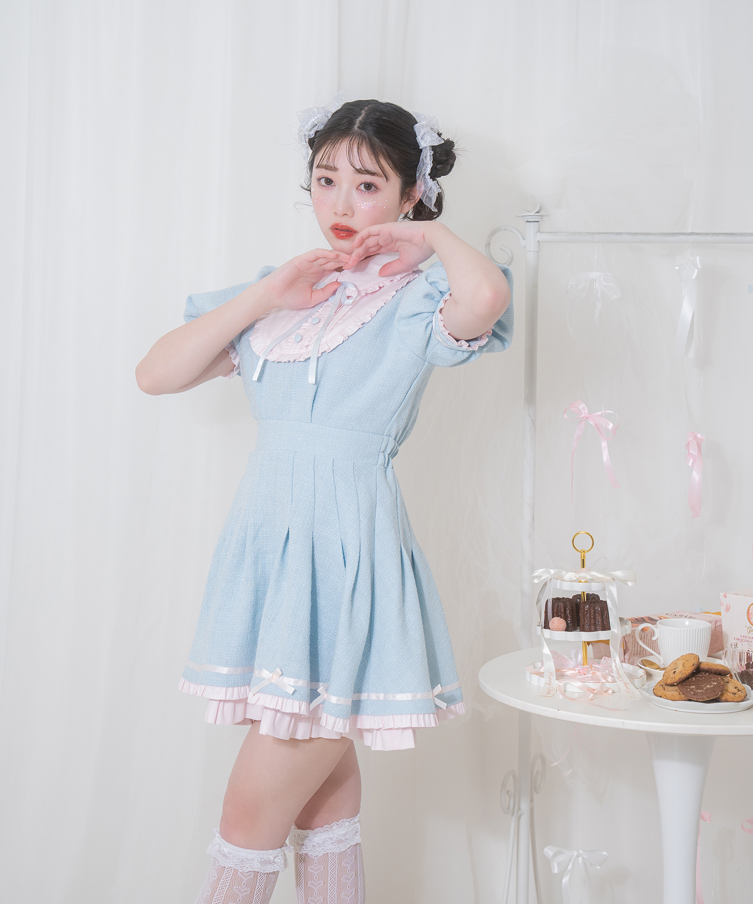 配色ツイードポイントリボンワンピース – BUNNY APARTMENT
