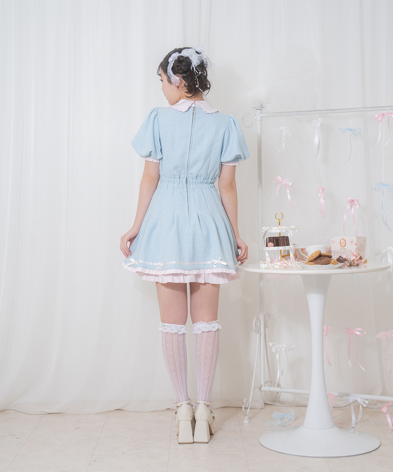 【I AM MARI】リボン スリーブ ツイード ピンタック ワンピース 後ろリボンコクーンワンピース｜JENNE(ジェンヌ)公式通販：パリ