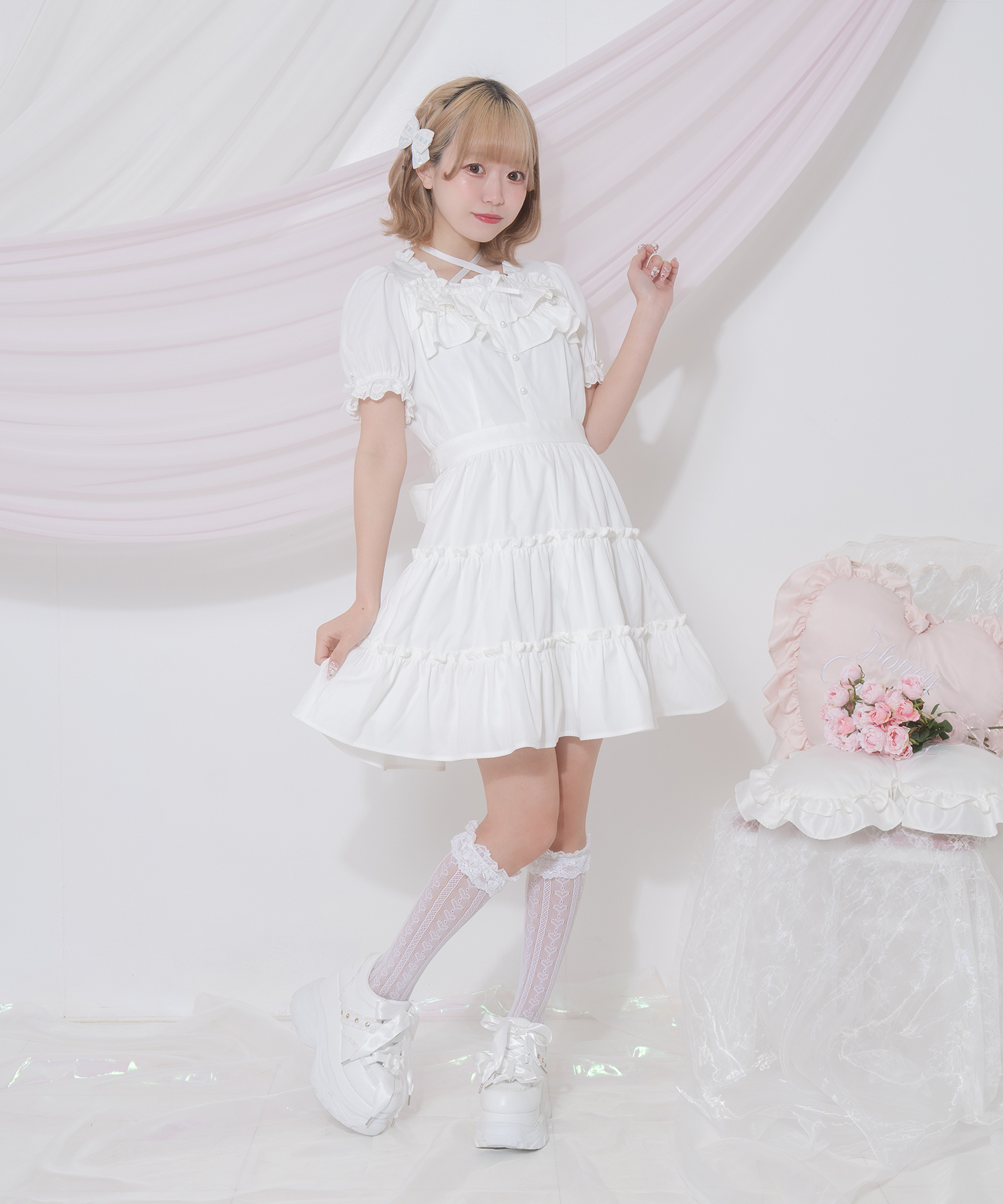 Honey Cinnamon はしごリボンコットンフリルワンピース 白 ホワイト はしごリボンコットンフリルワンピース – BUNNY APARTMENT