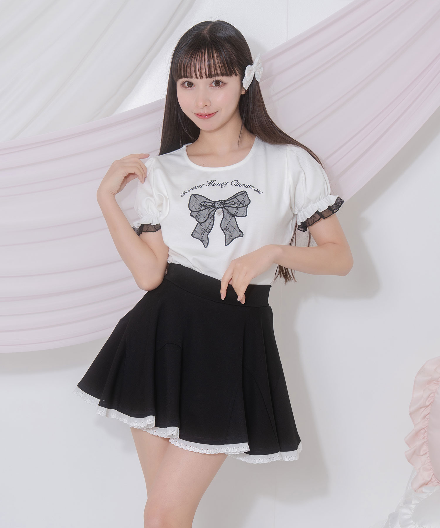 レースリボンAPパフスリーブTシャツ