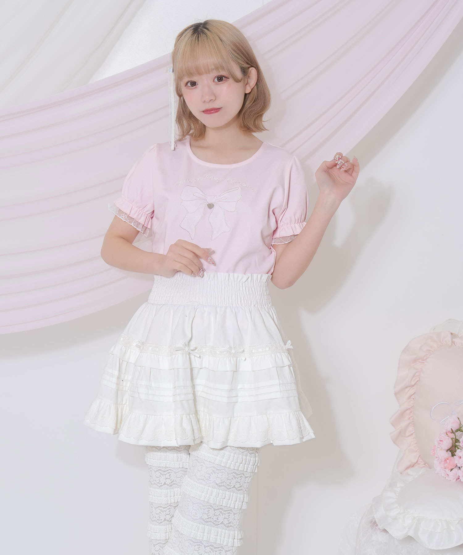 レースリボンAPパフスリーブTシャツ