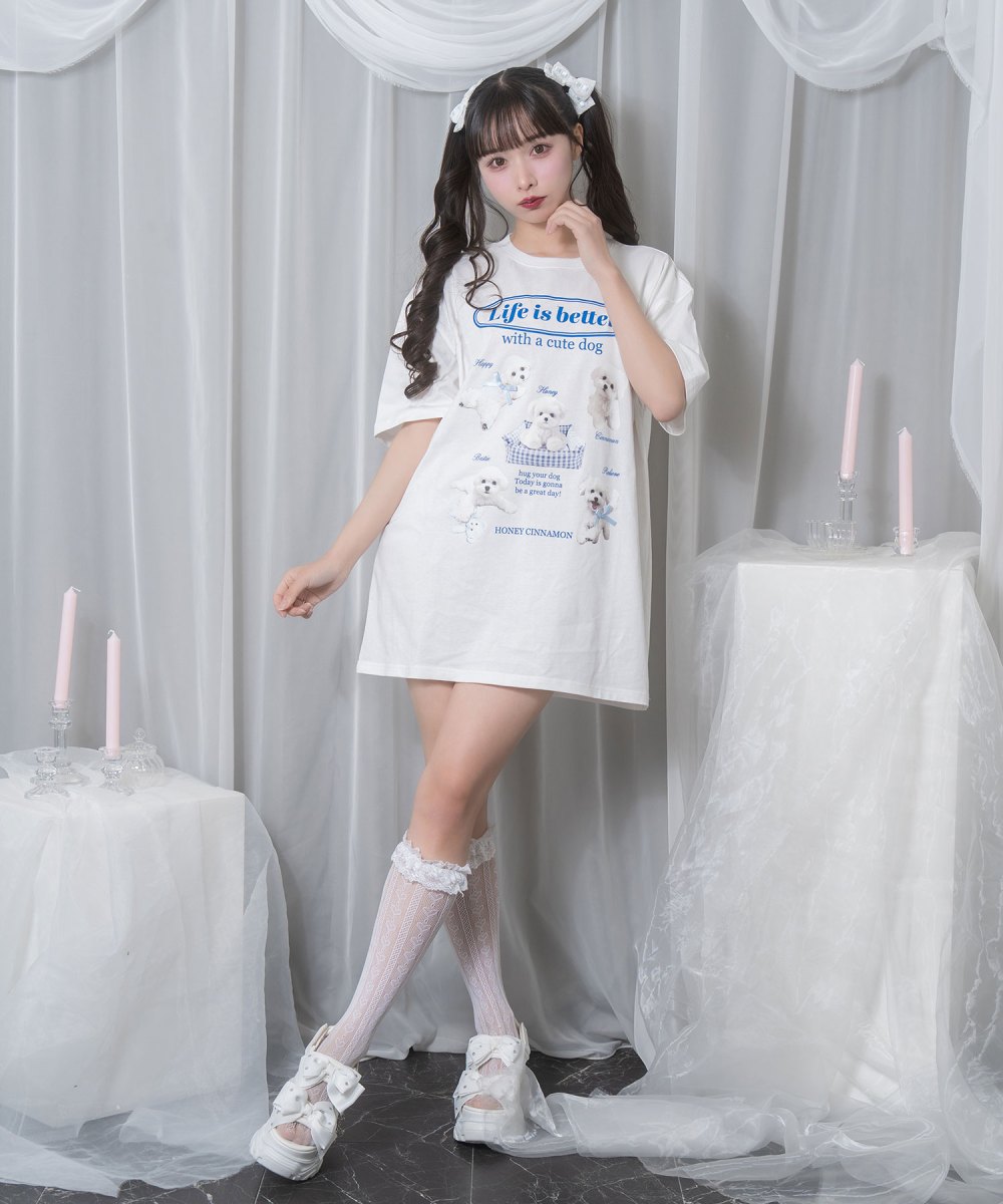 white dog プリントTシャツ