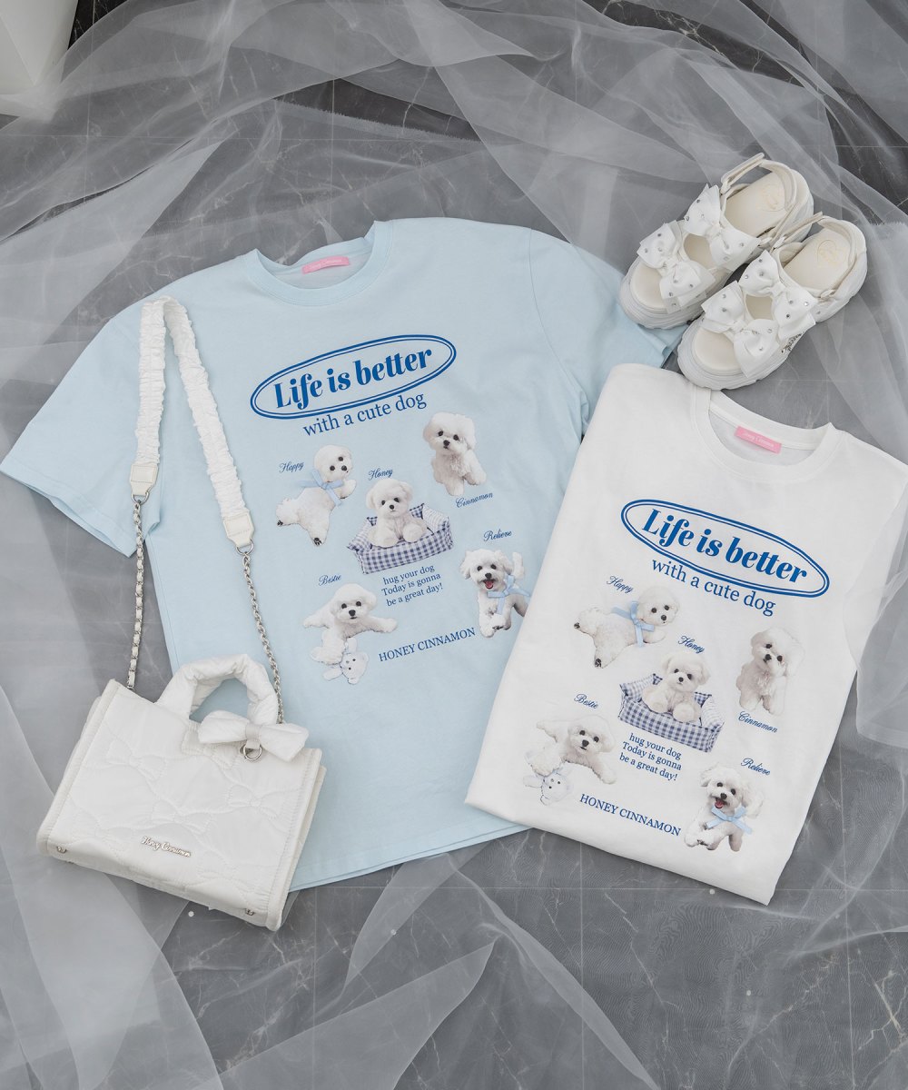 white dog プリントTシャツ
