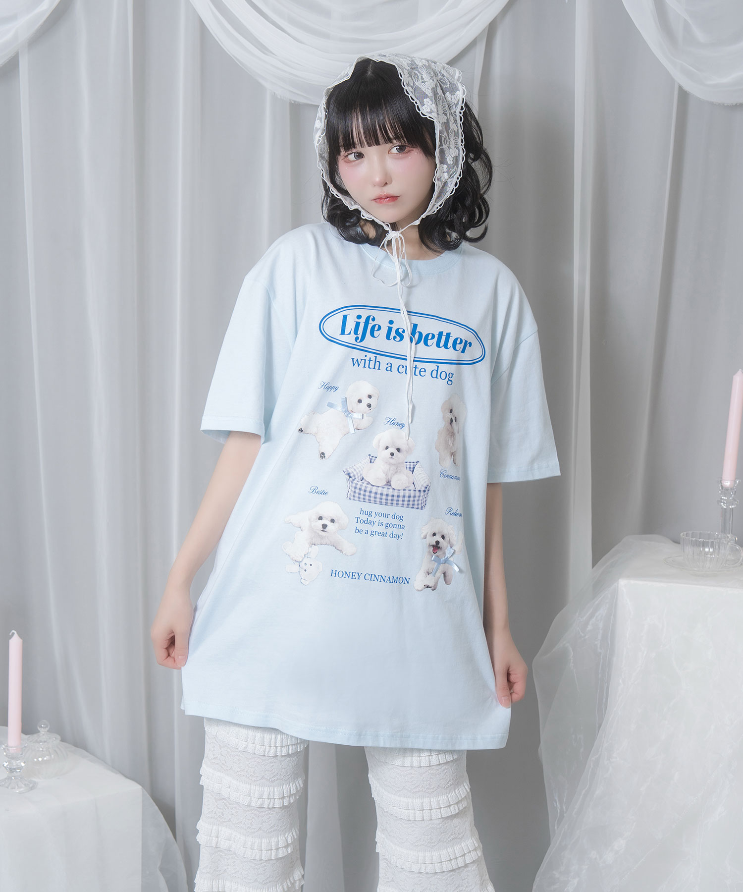 white dog プリントTシャツ