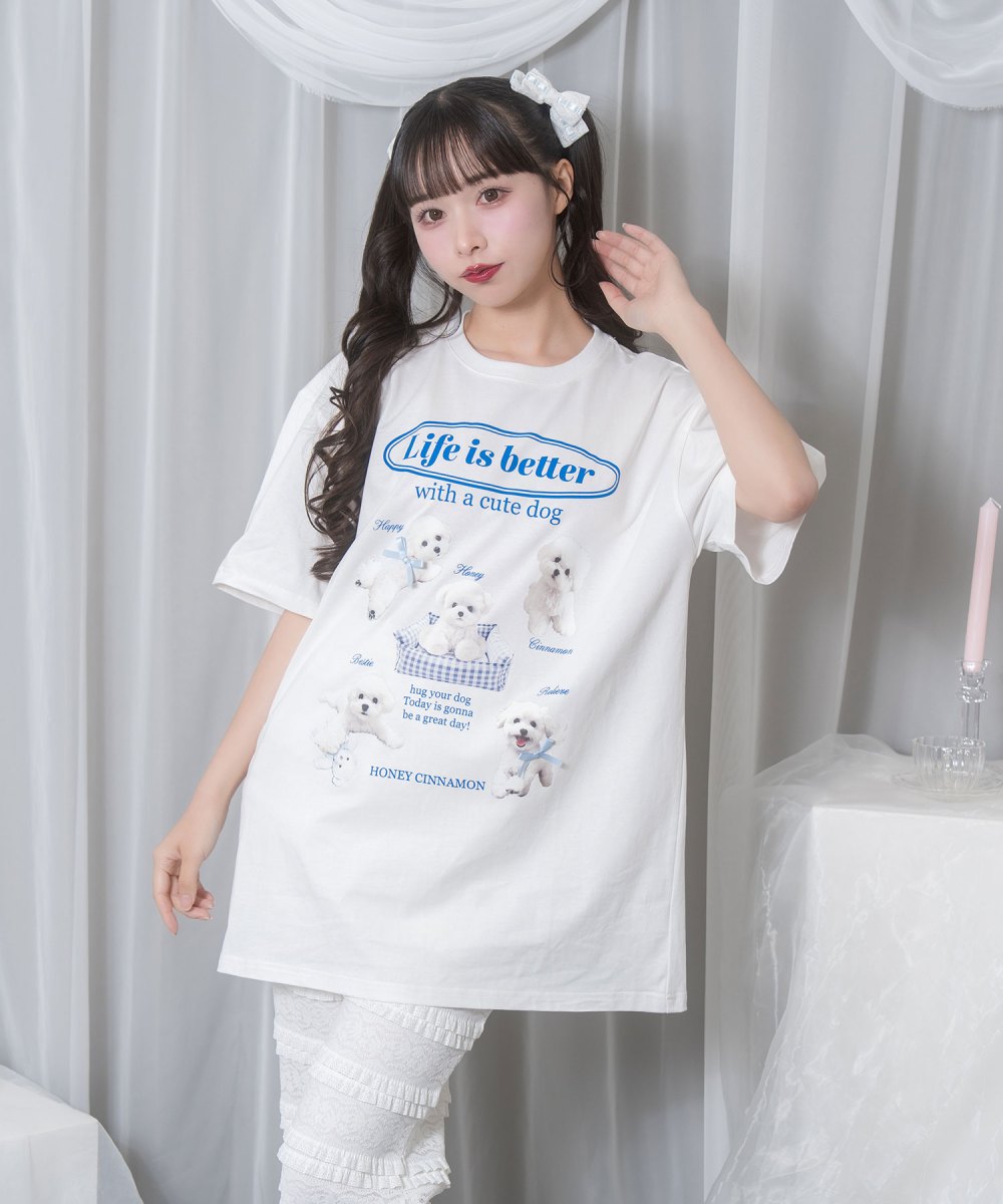 white dog プリントTシャツ
