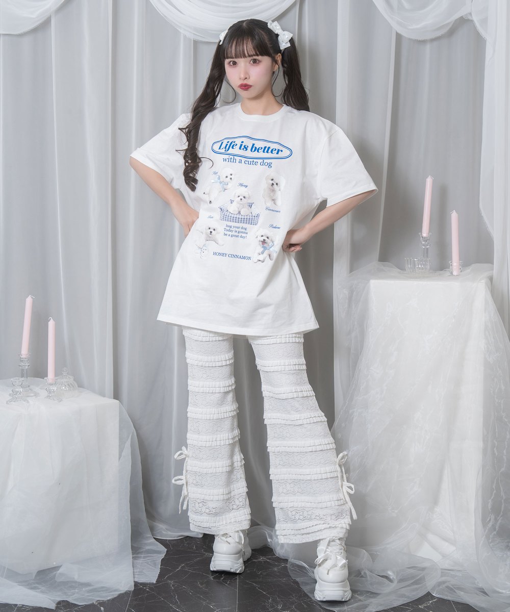 white dog プリントTシャツ