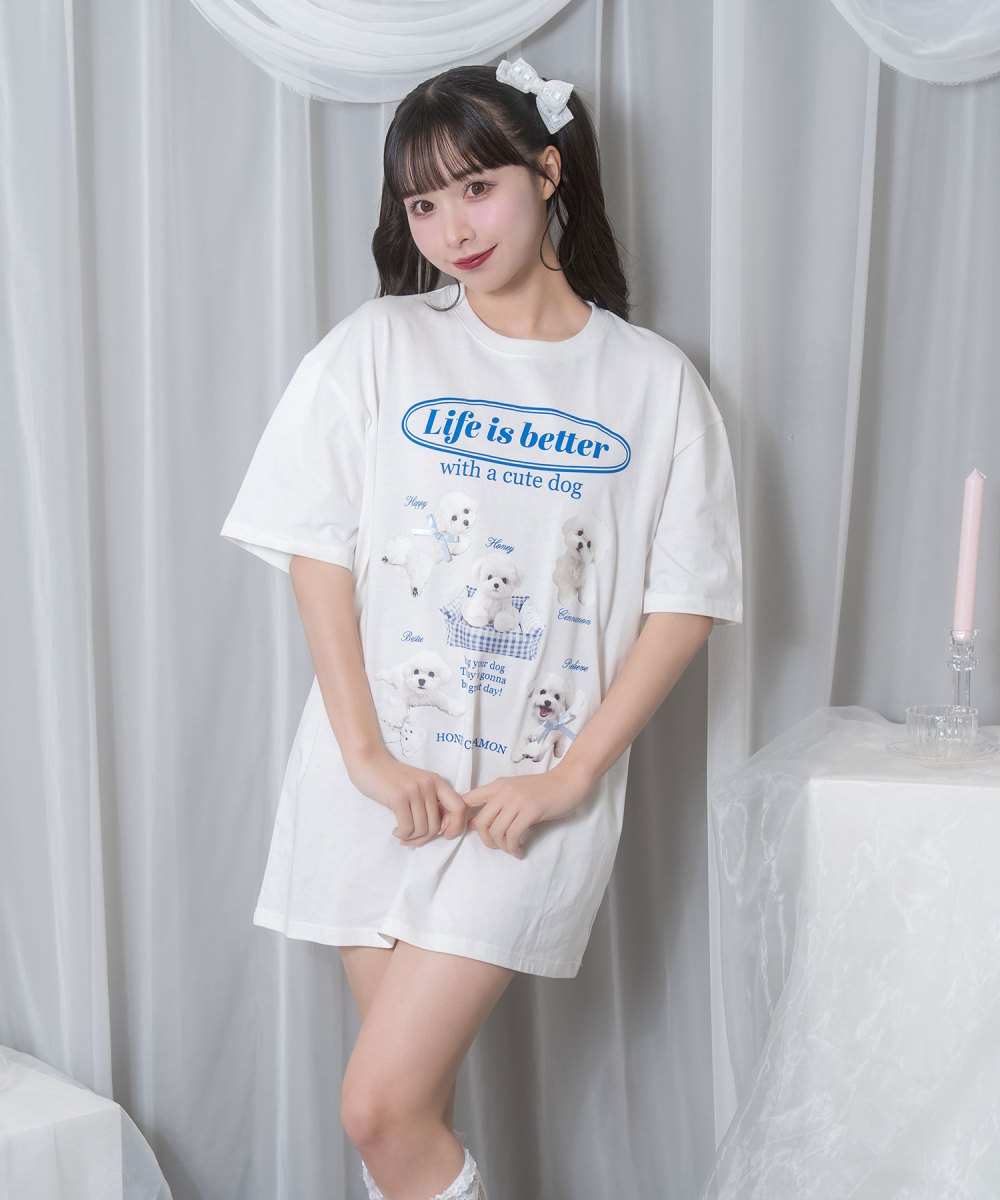 white dog プリントTシャツ