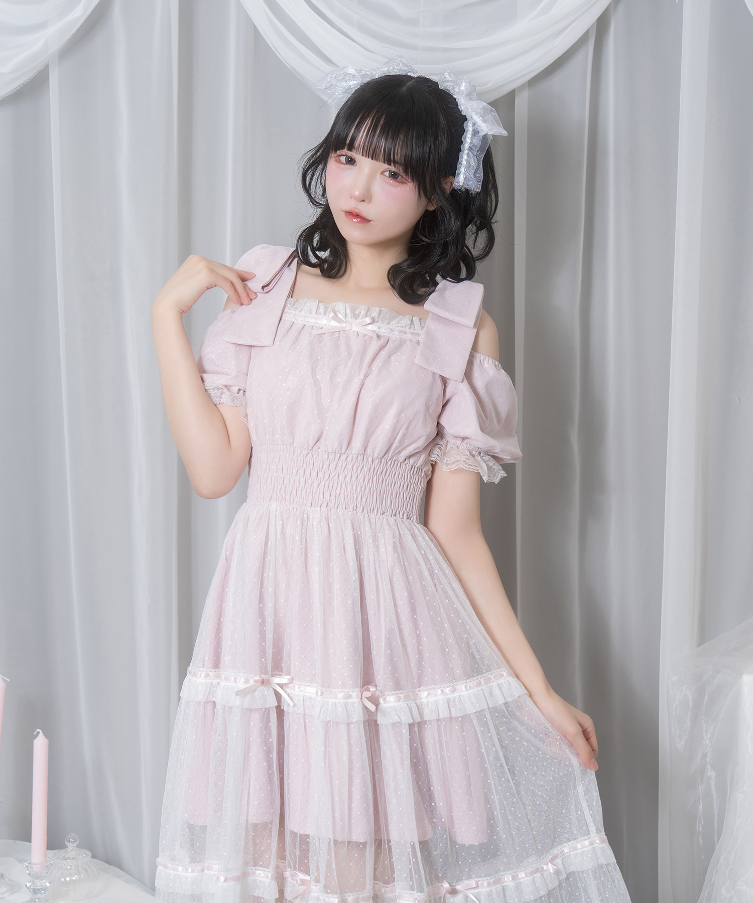 肩リボンティアードチュールワンピース