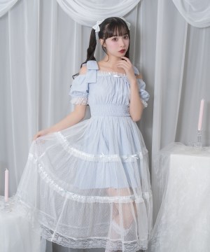 肩リボンティアードチュールワンピース
