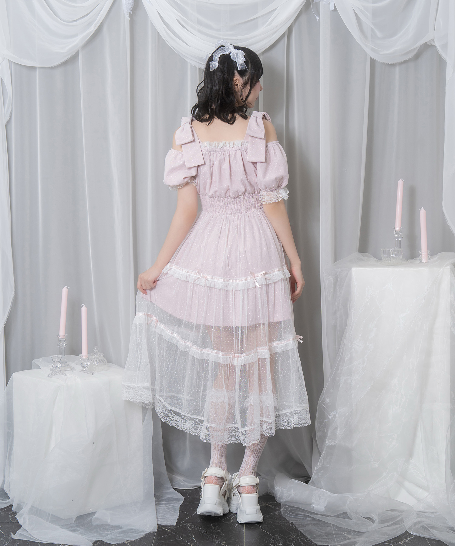 Honey Cinnamon リボン付きドットチュールワンピース ピンク 肩リボン