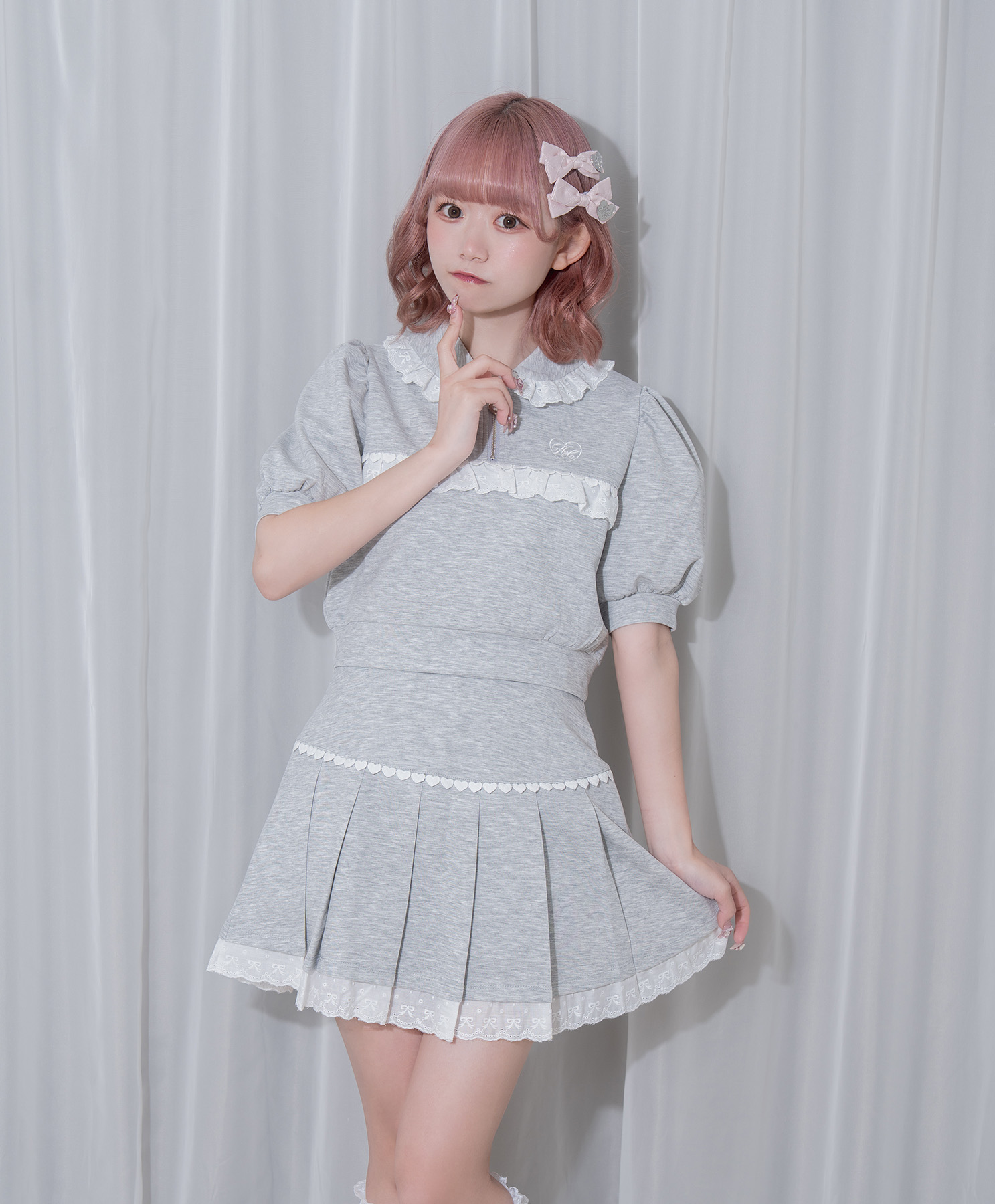 コットンレースハーフジップセット