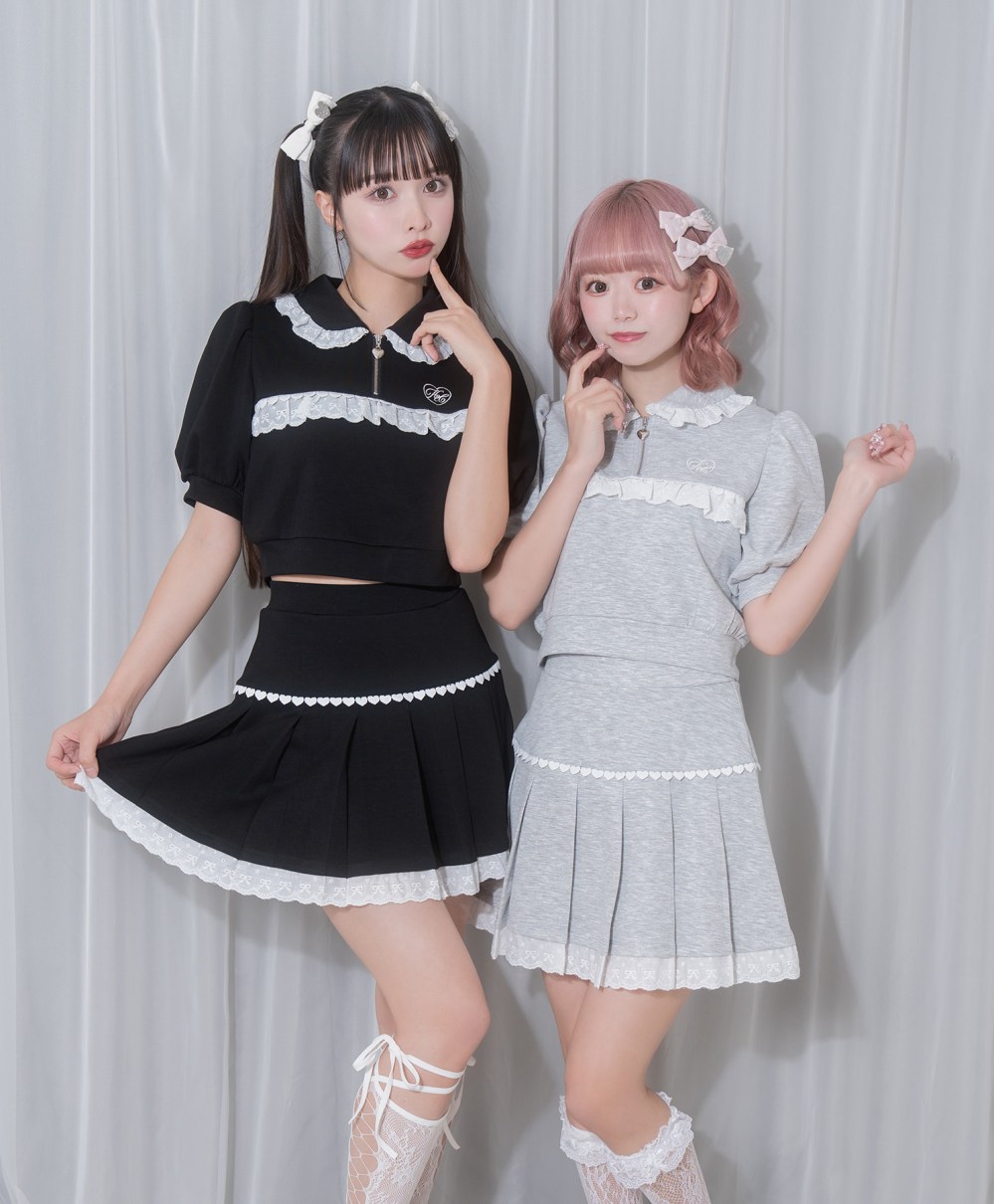 コットンレースハーフジップセット