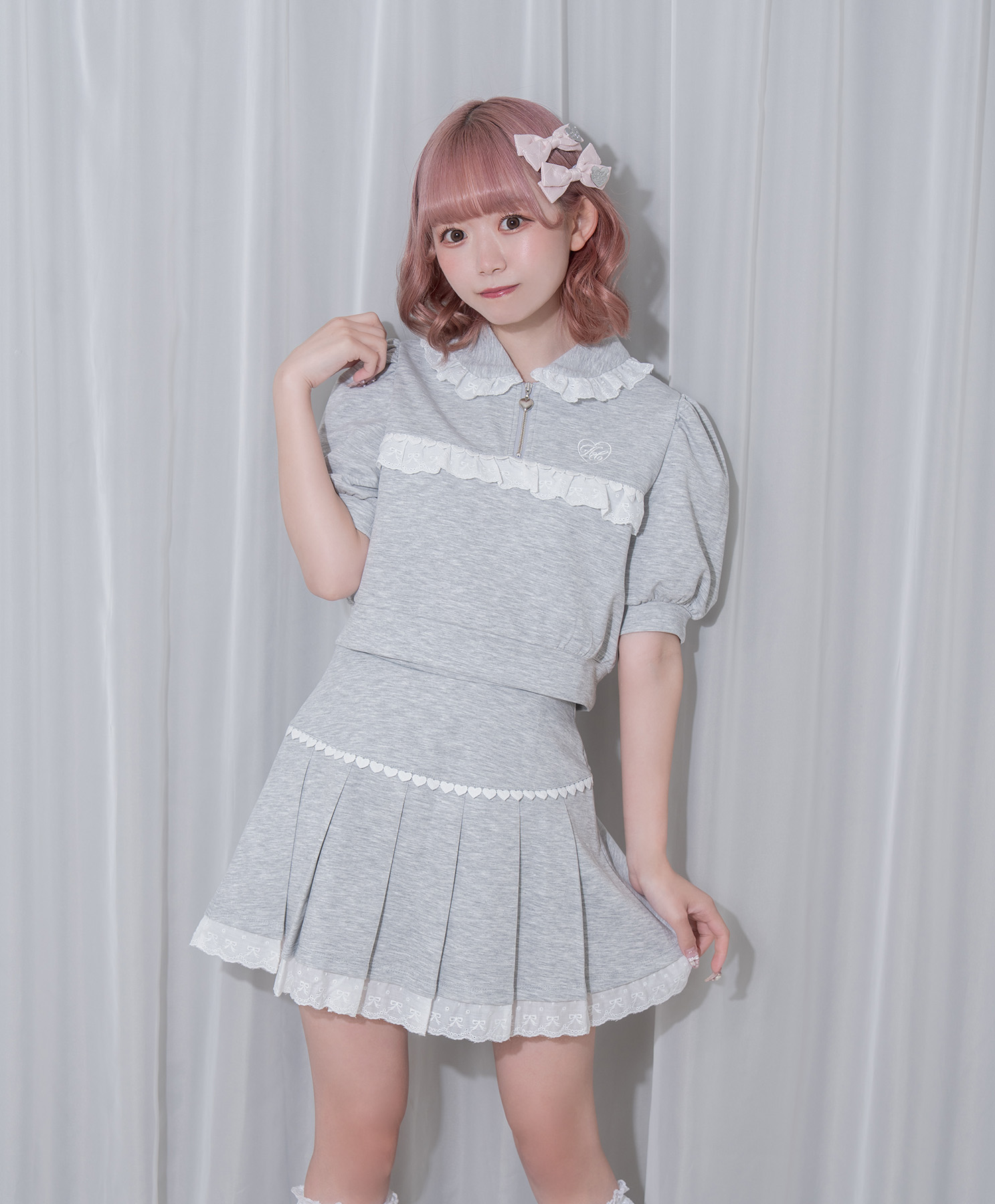 コットンレースハーフジップセット